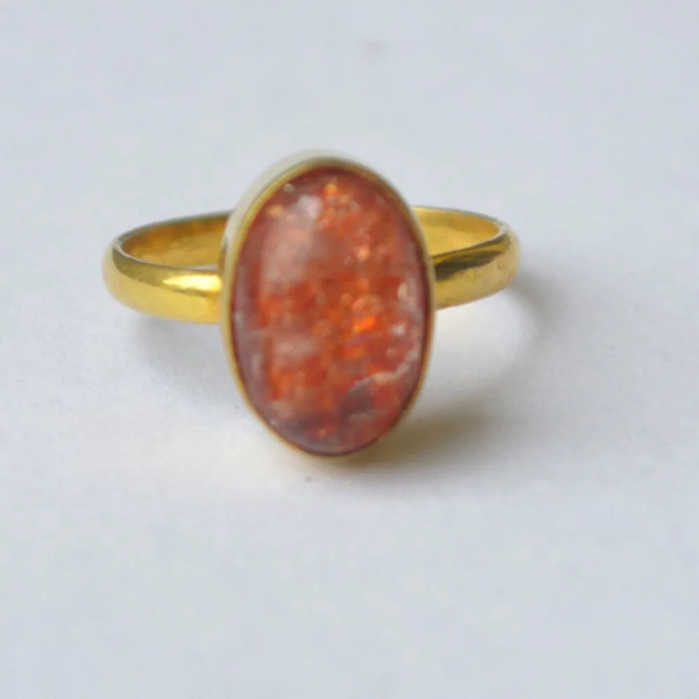 Cabochon Oregon Sunstone Gemstone 925 Sterling Silver Ring, Yellow Gold Plated Ring, Gift Ring