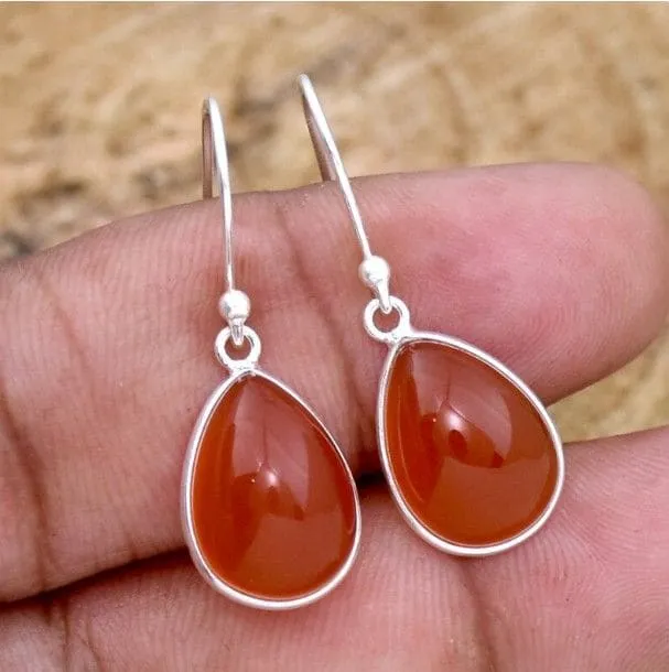 Carnelian Pear Shaped Gemstone 925 Sterling Silver Drop Dangle Women Earrings