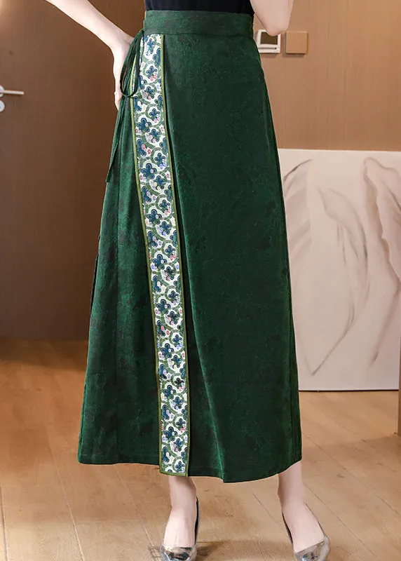 Chinese Style Green Asymmetrical Print Silk Skirts Spring QQ1030