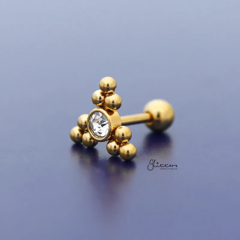 Clear Crystal Centre Ball Cluster Triangle Tragus Cartilage Barbell Stud - Gold