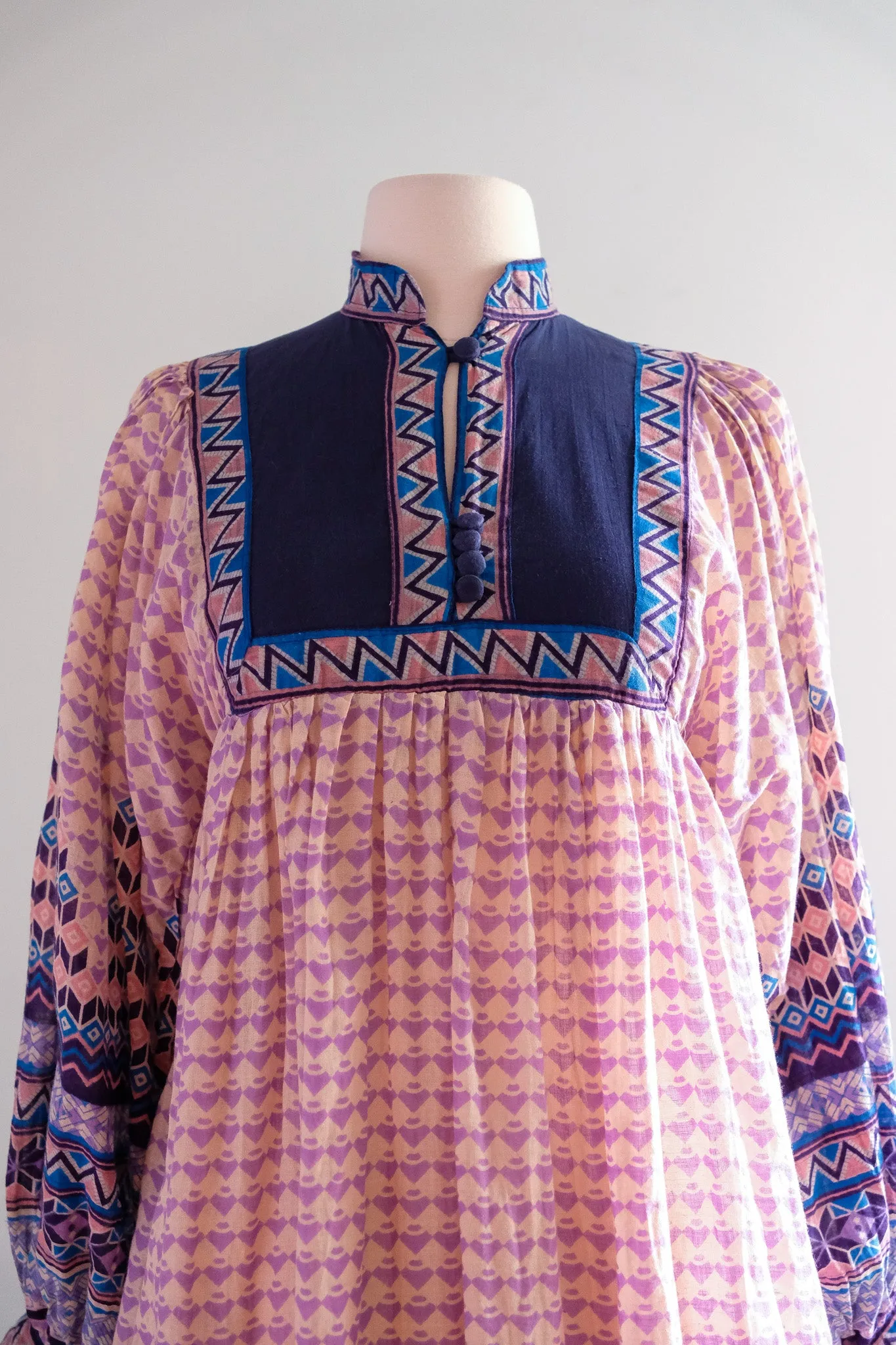 Coolest 1970's Lavender Haze Block Print Cotton Dress / Sz S/M