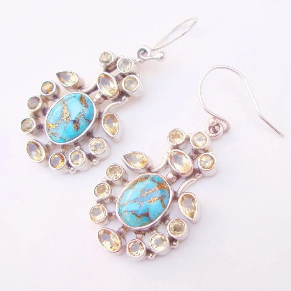 Copper Arizona Blue Turquoise & Natural Citrine 925 Sterling Silver Handmade Dangle Earrings