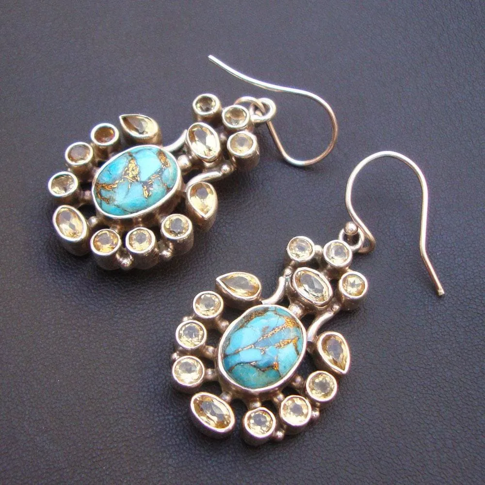 Copper Arizona Blue Turquoise & Natural Citrine 925 Sterling Silver Handmade Dangle Earrings