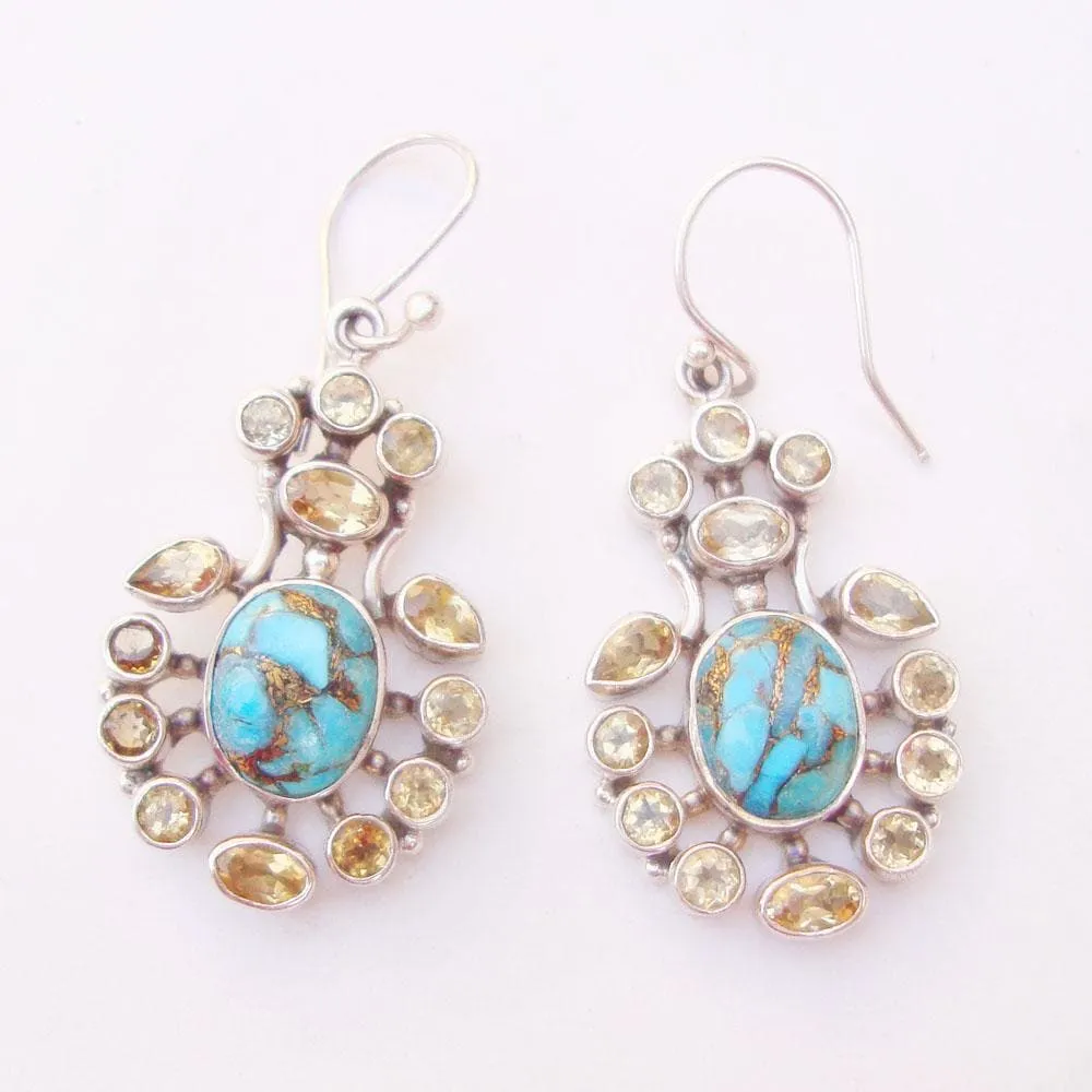 Copper Arizona Blue Turquoise & Natural Citrine 925 Sterling Silver Handmade Dangle Earrings