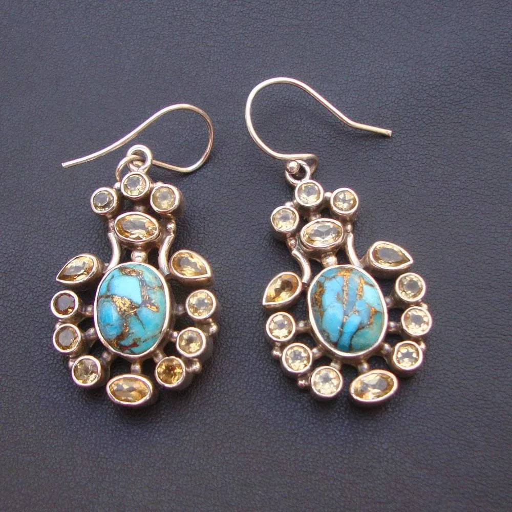 Copper Arizona Blue Turquoise & Natural Citrine 925 Sterling Silver Handmade Dangle Earrings