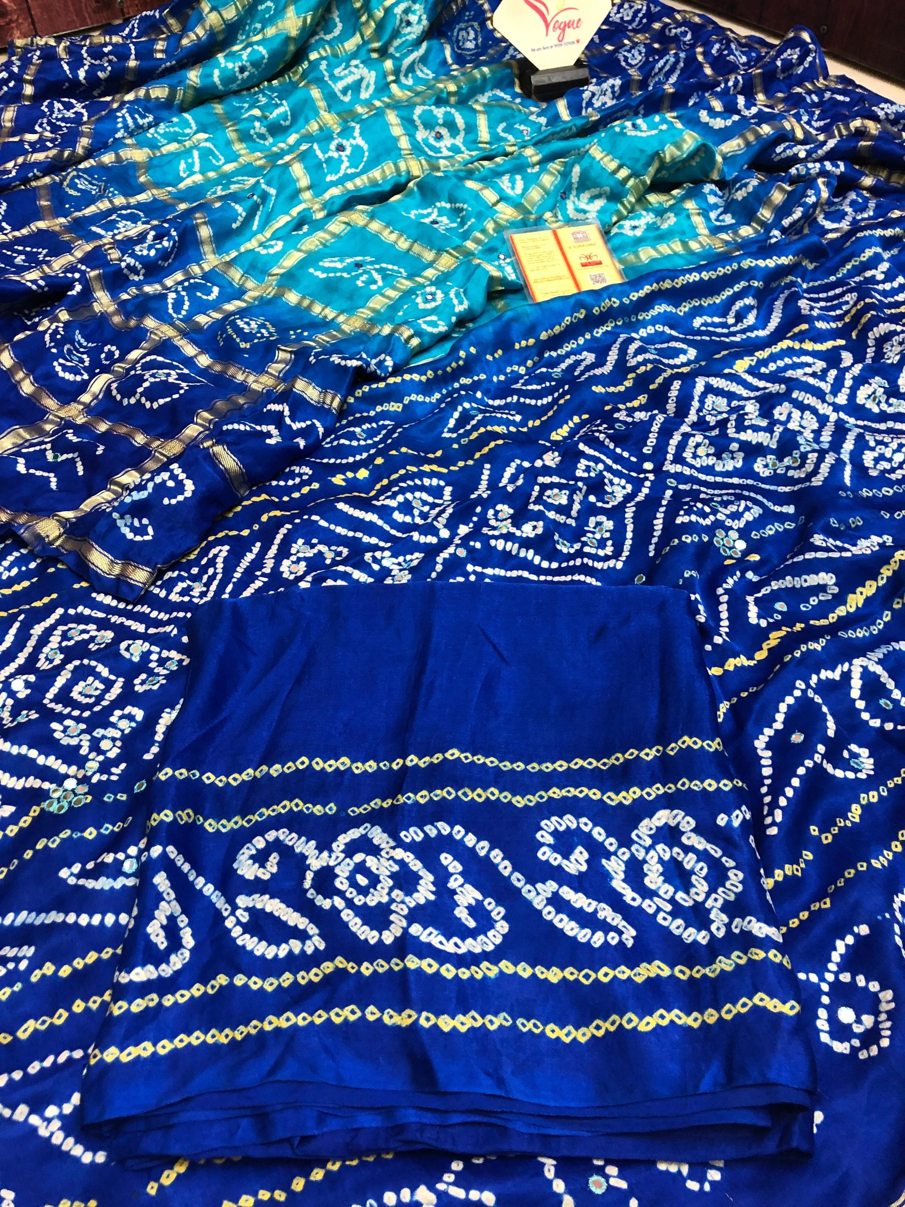 Cyan Blue Color Pure Ghazi Silk Gharchola Saree with Bandhani & Mirror Work