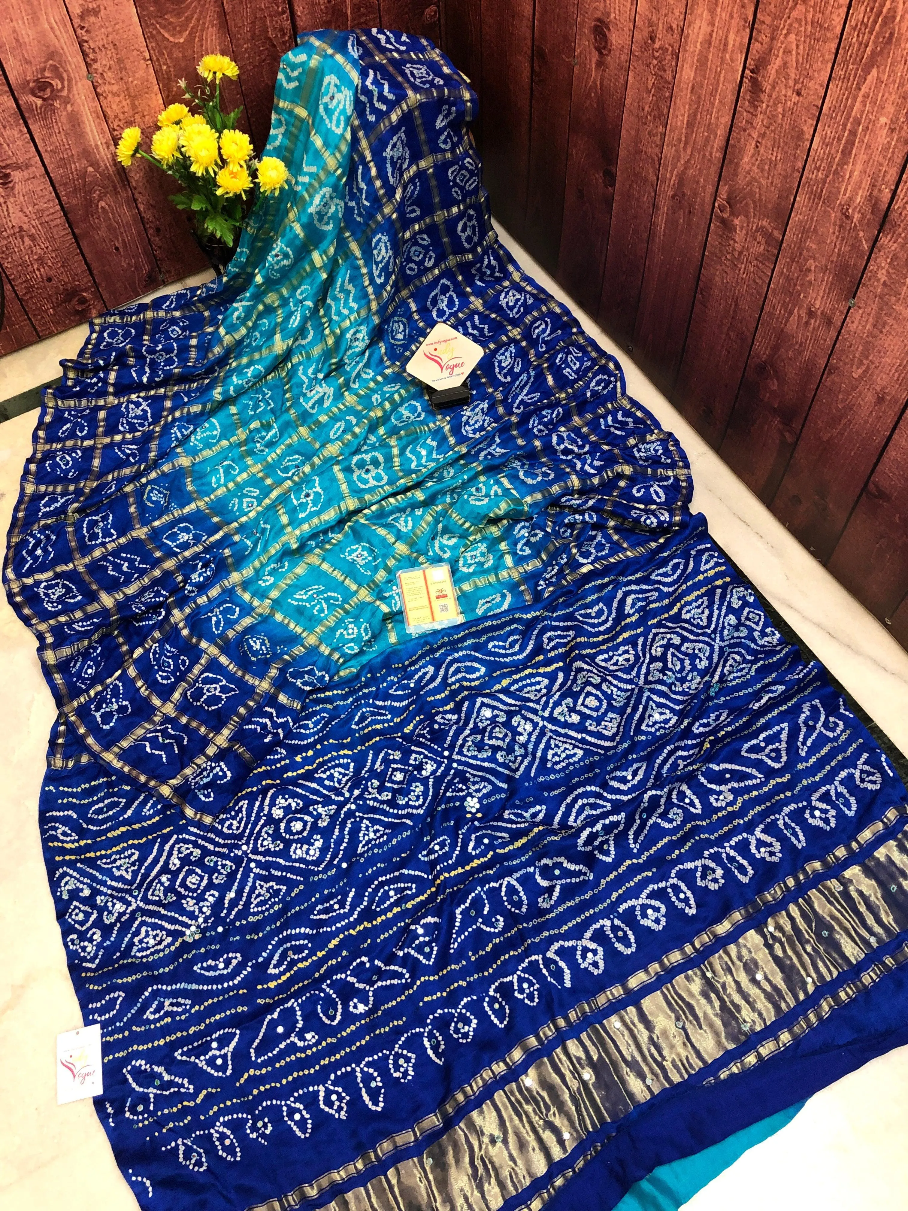 Cyan Blue Color Pure Ghazi Silk Gharchola Saree with Bandhani & Mirror Work