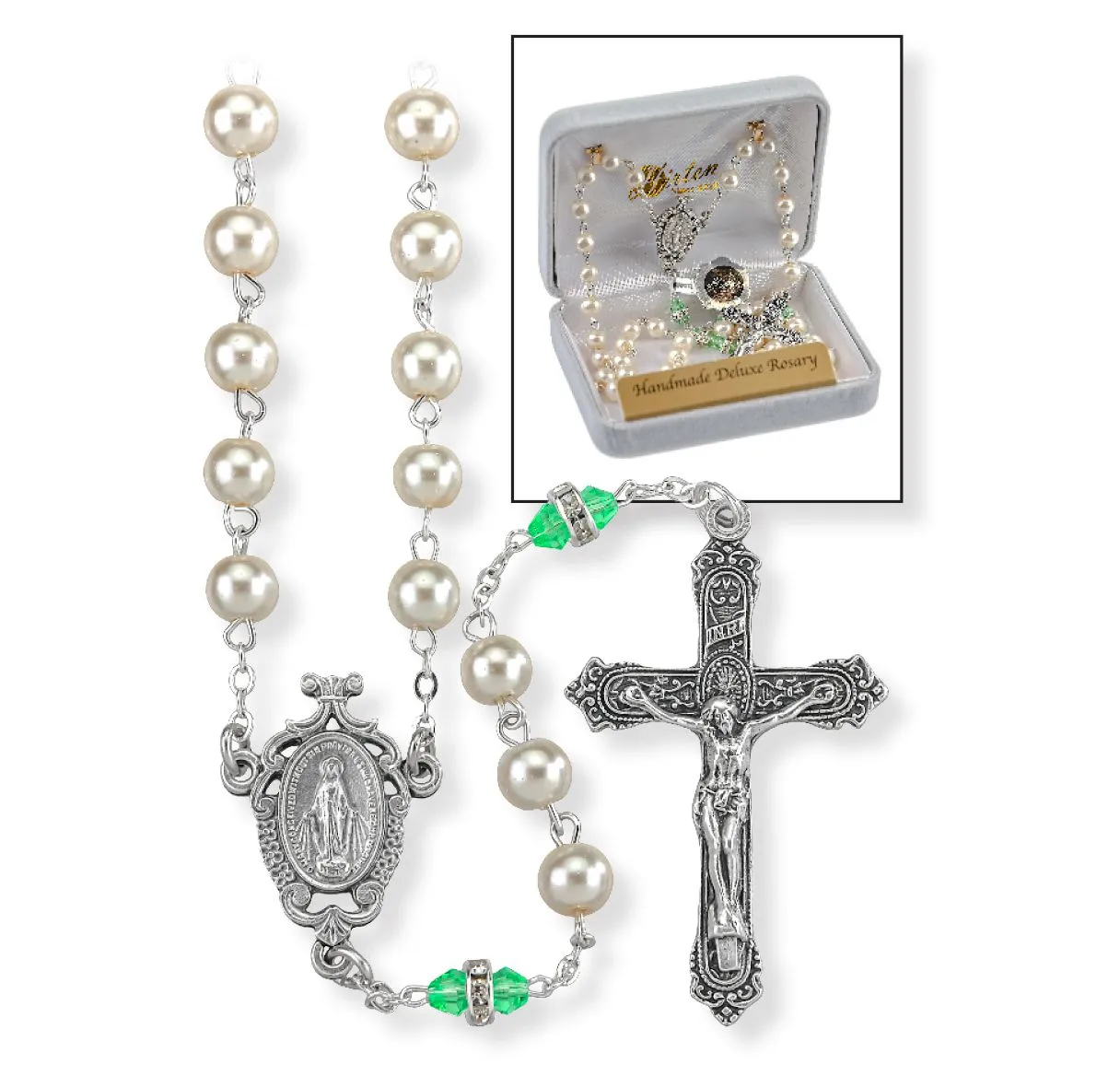 Deluxe August Birthstone Imitation Pearl Rosary