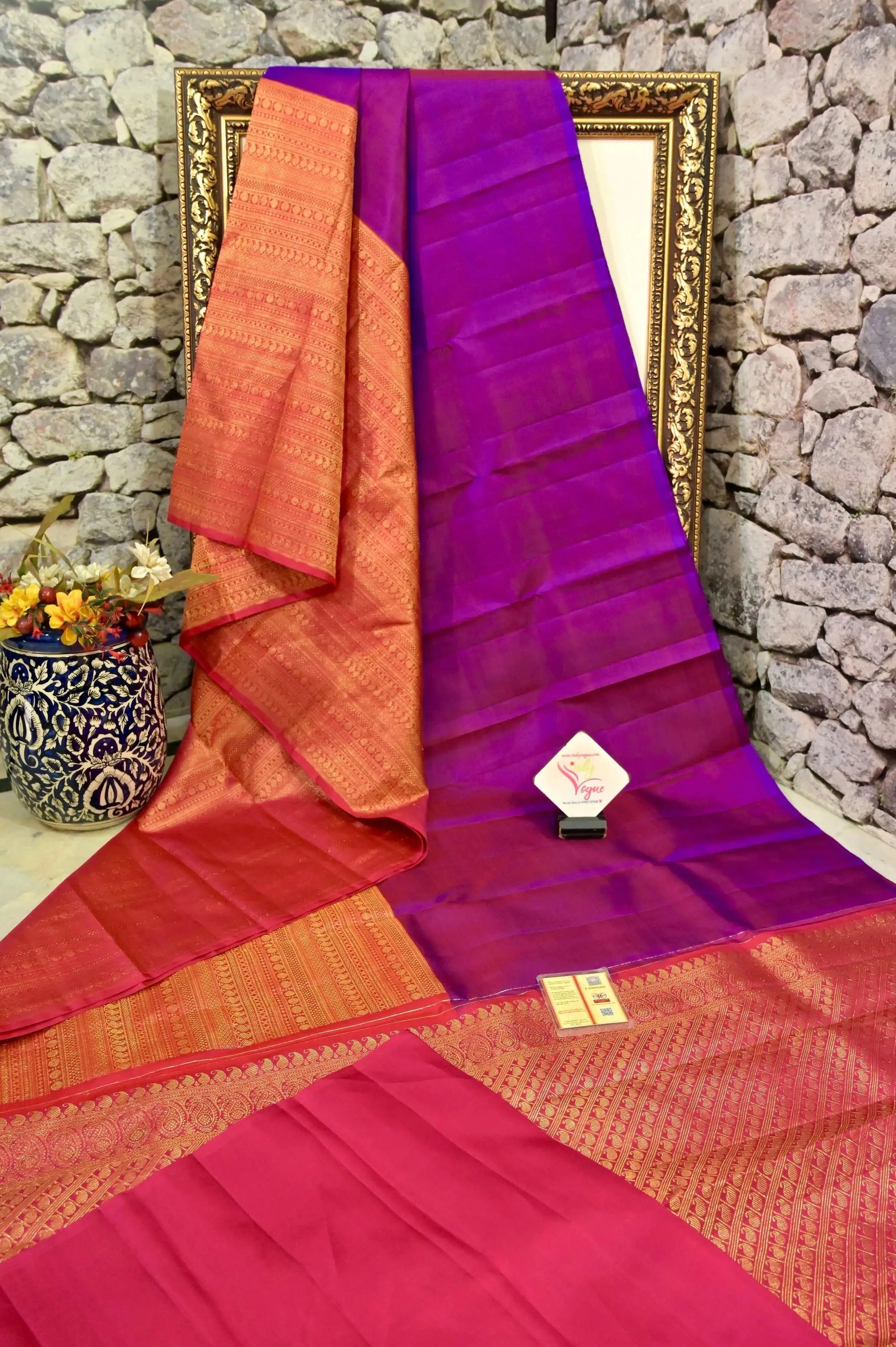 Dual Tone Blue and Magenta Color Pure Kanjeevaram Silk Saree with Skirt Border