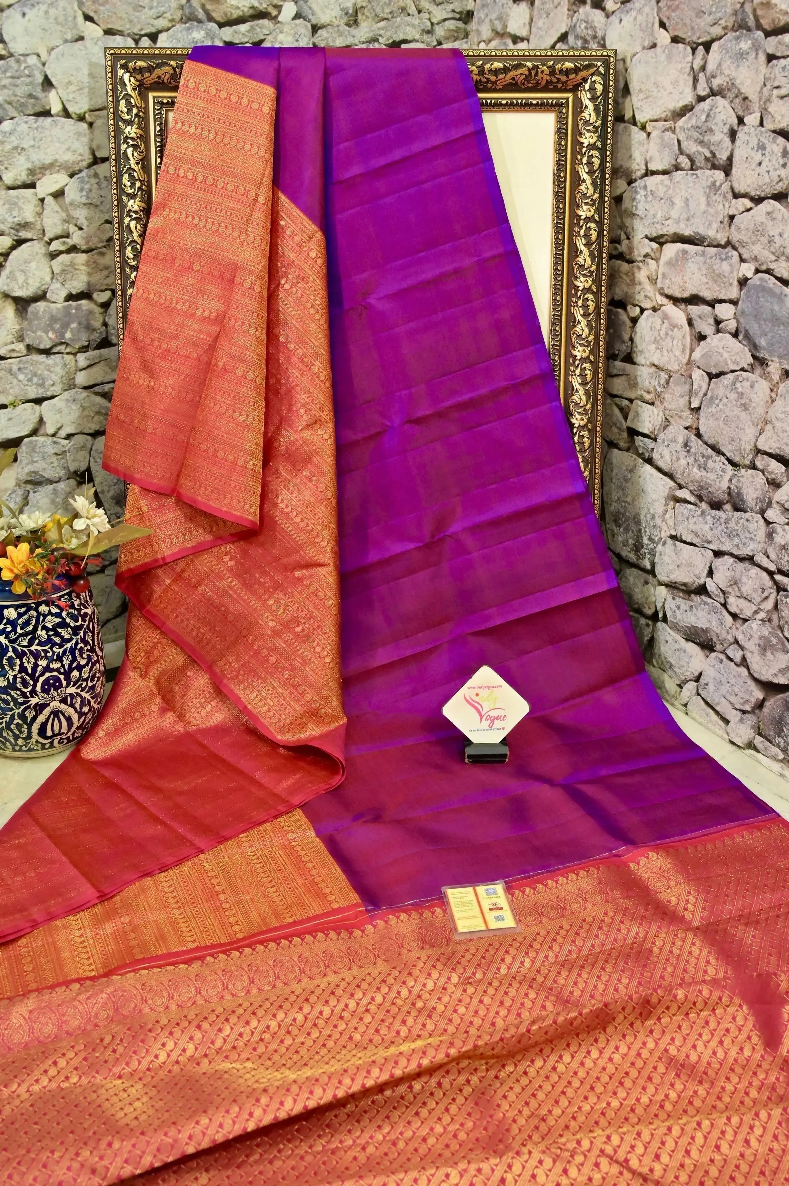 Dual Tone Blue and Magenta Color Pure Kanjeevaram Silk Saree with Skirt Border