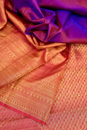 Dual Tone Blue and Magenta Color Pure Kanjeevaram Silk Saree with Skirt Border