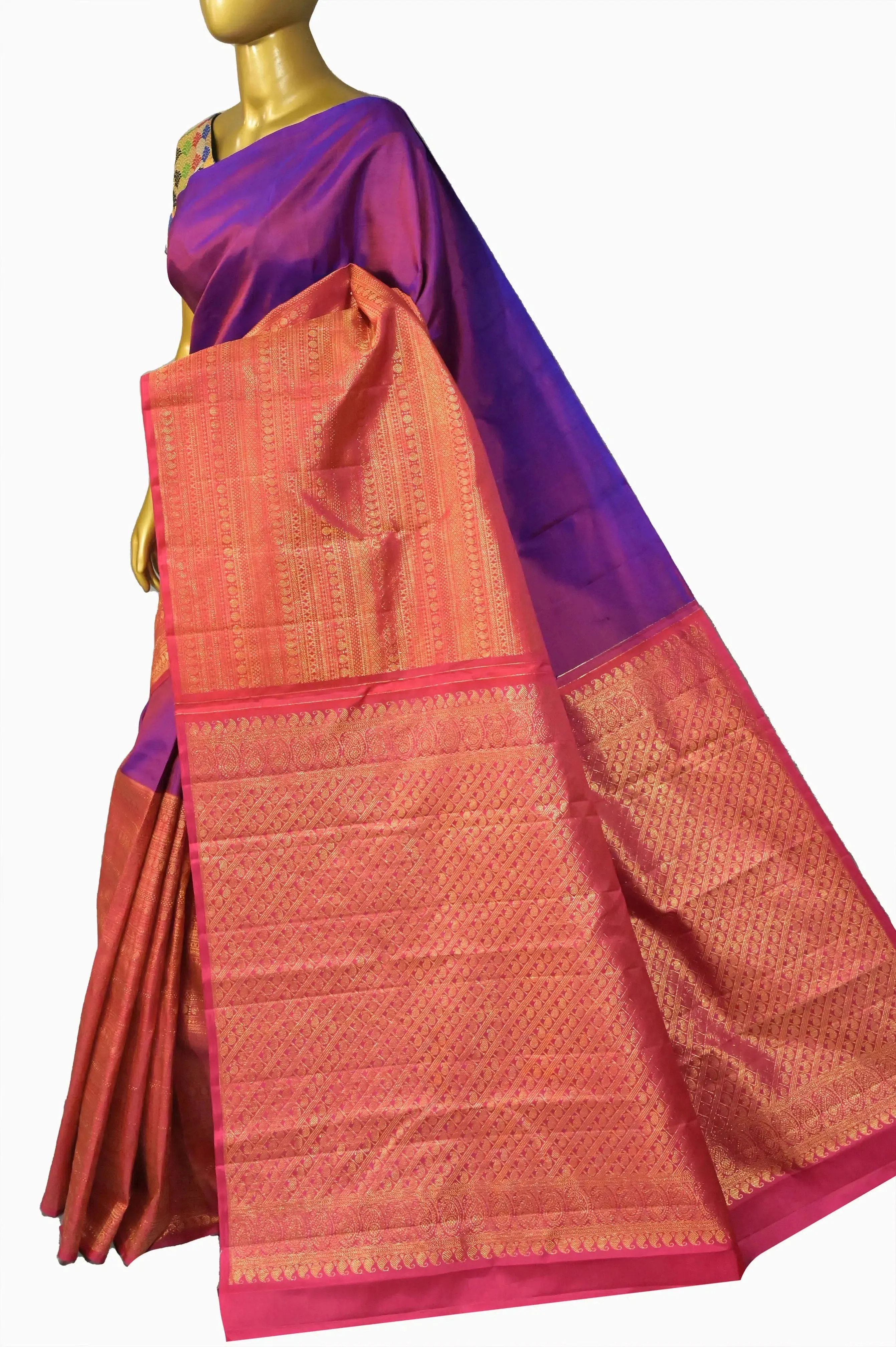 Dual Tone Blue and Magenta Color Pure Kanjeevaram Silk Saree with Skirt Border