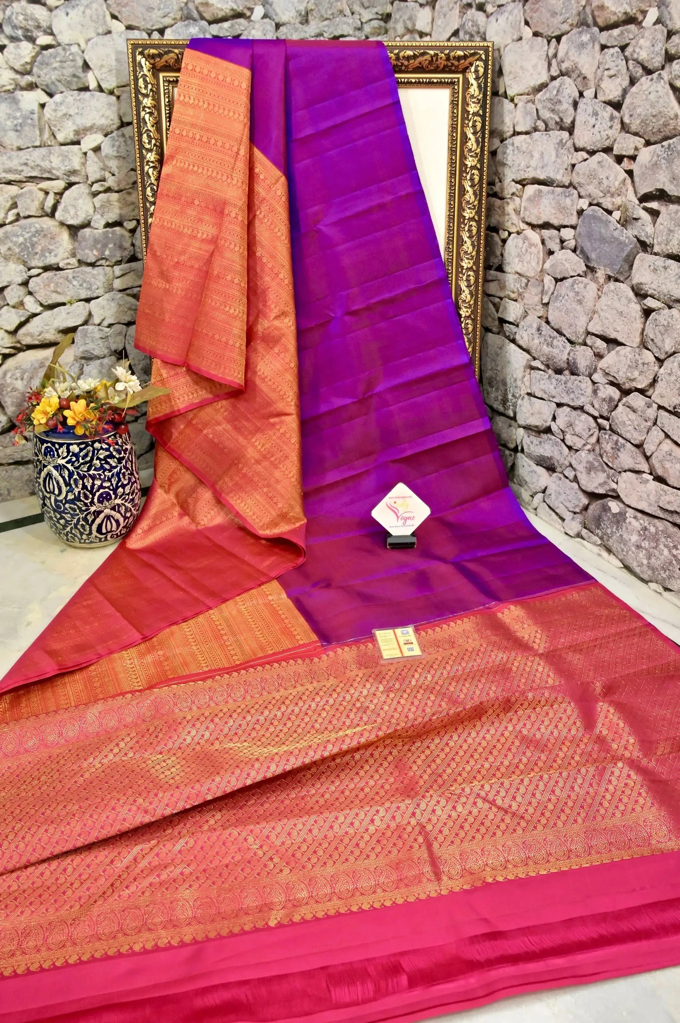 Dual Tone Blue and Magenta Color Pure Kanjeevaram Silk Saree with Skirt Border