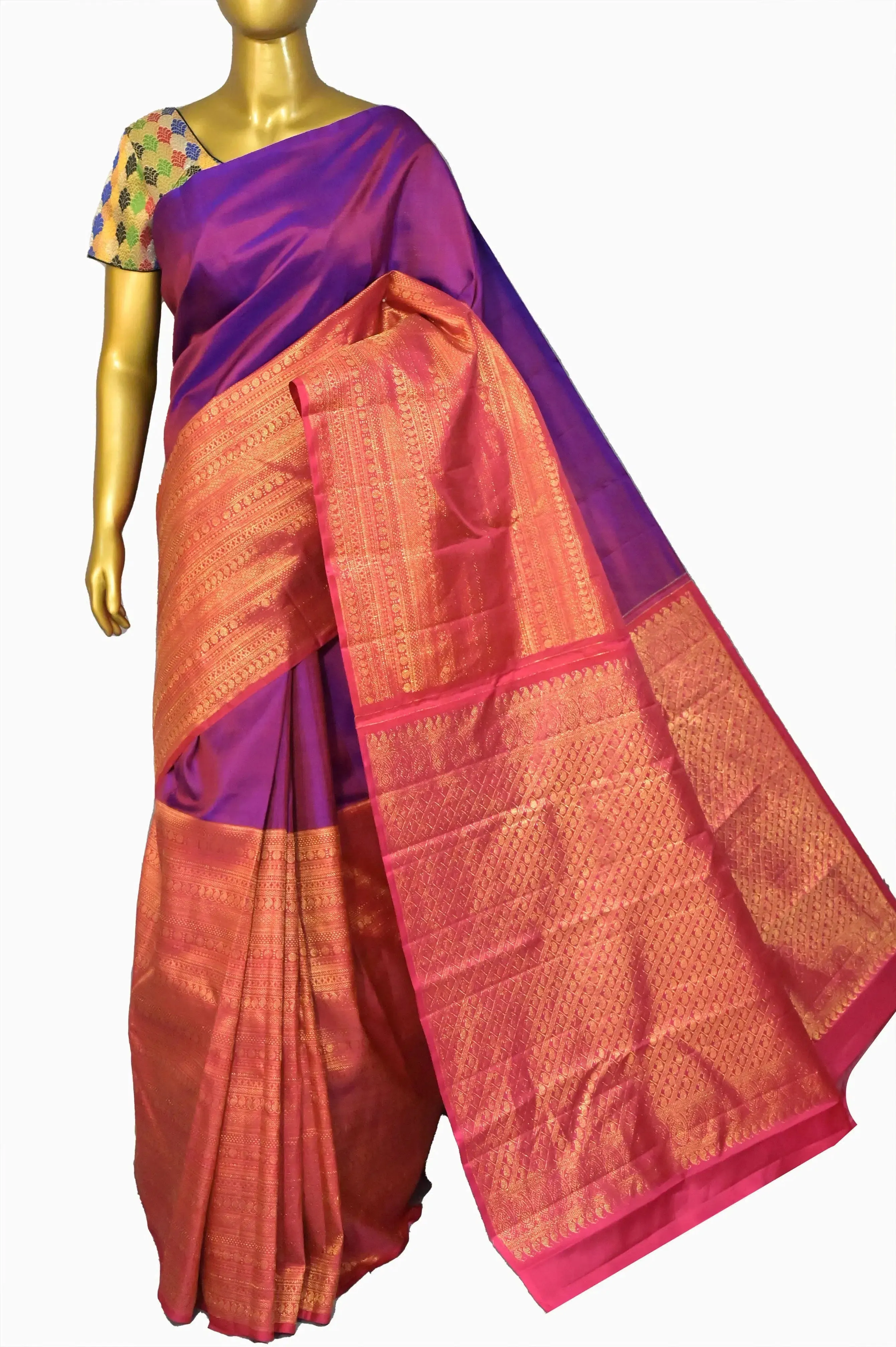 Dual Tone Blue and Magenta Color Pure Kanjeevaram Silk Saree with Skirt Border