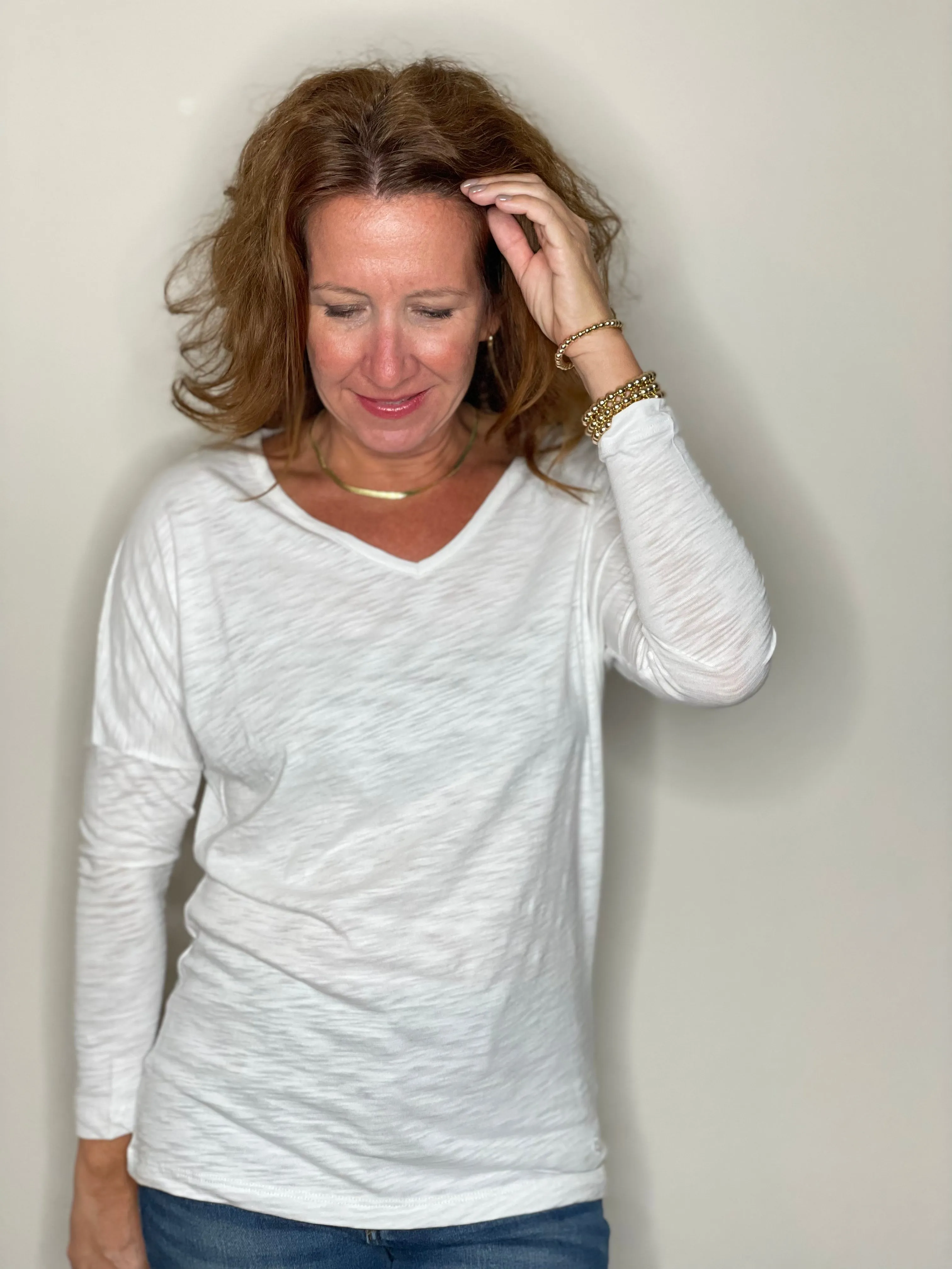 Erin Gray 3/4 Sleeve Dolman V Neck in White