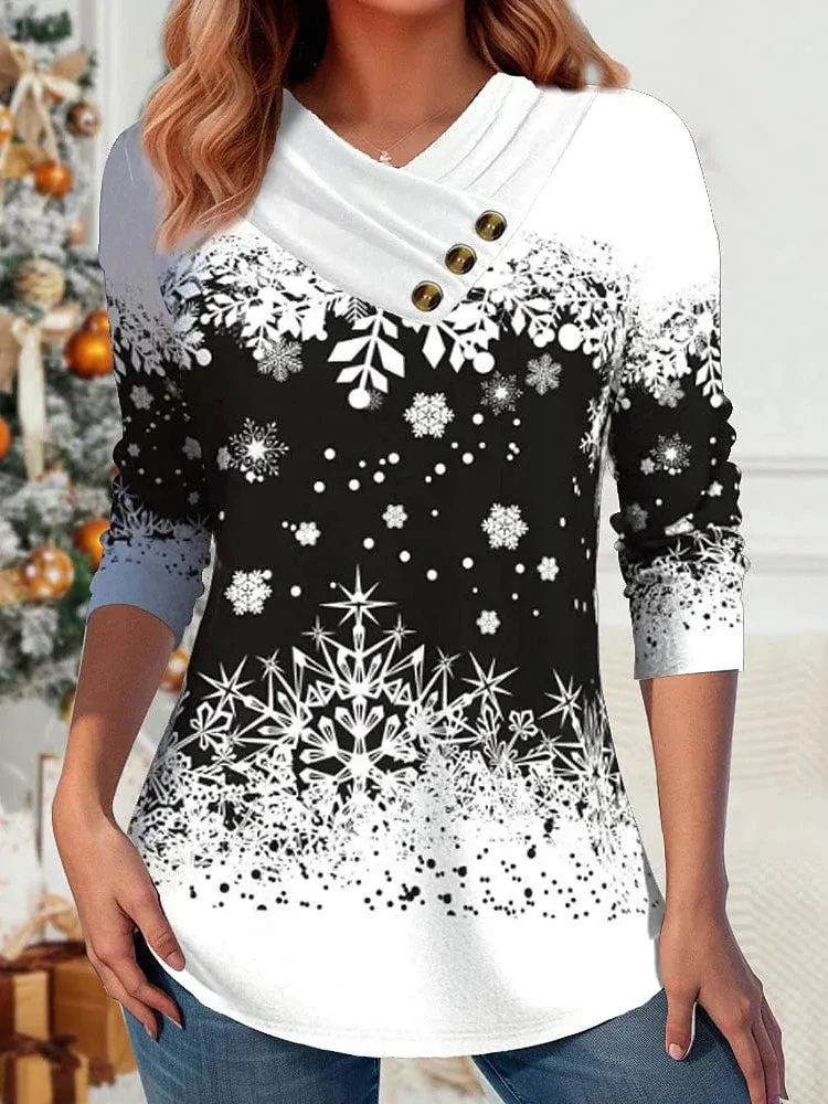 Festive Women's Snowflake Print Long Sleeve T-Shirt