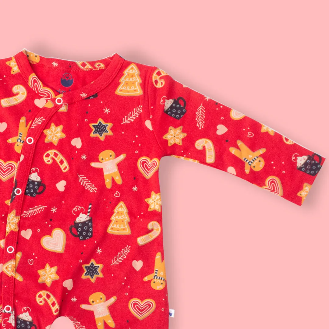 Full Sleeve Cotton Sleep Suit/ Romper  - Red Festive Pattern