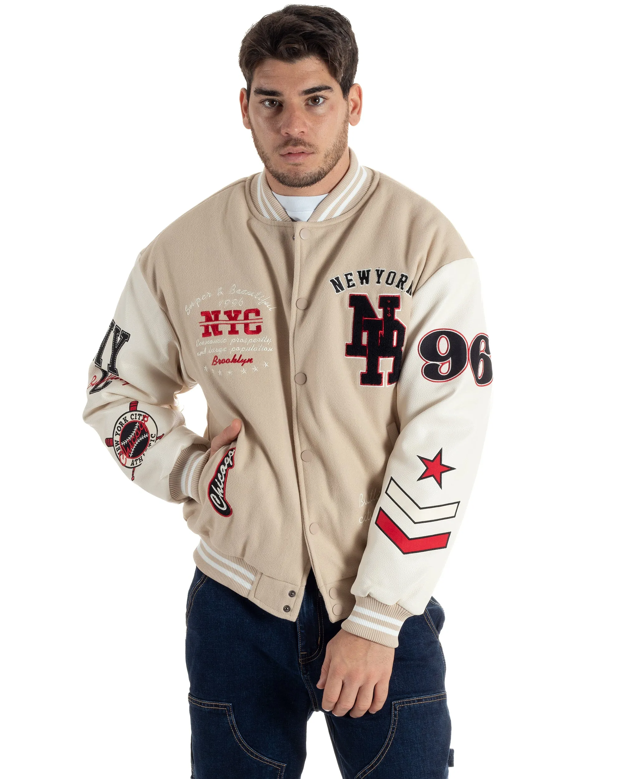 Giubbotto Uomo In Tessuto Panno College Varsity Con Patch Maniche Ecopelle Beige Bianco GIOSAL-G3137A