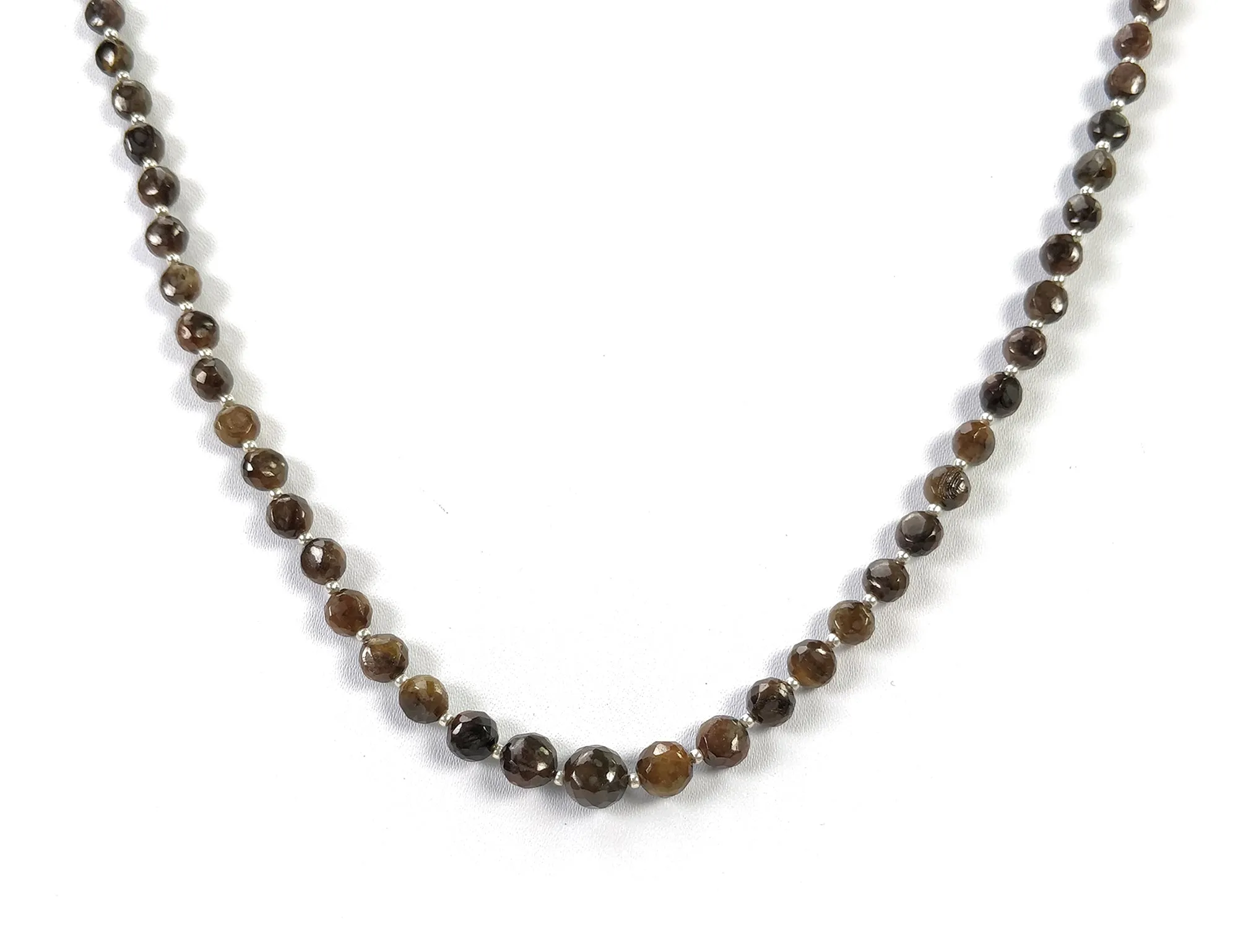 Golden Brown CHOCOLATE Sapphire Gemstone NECKLACE : 16.33gms Natural Round Side Faceted Sapphire With 925 Sterling Silver 4mm - 7mm 18"