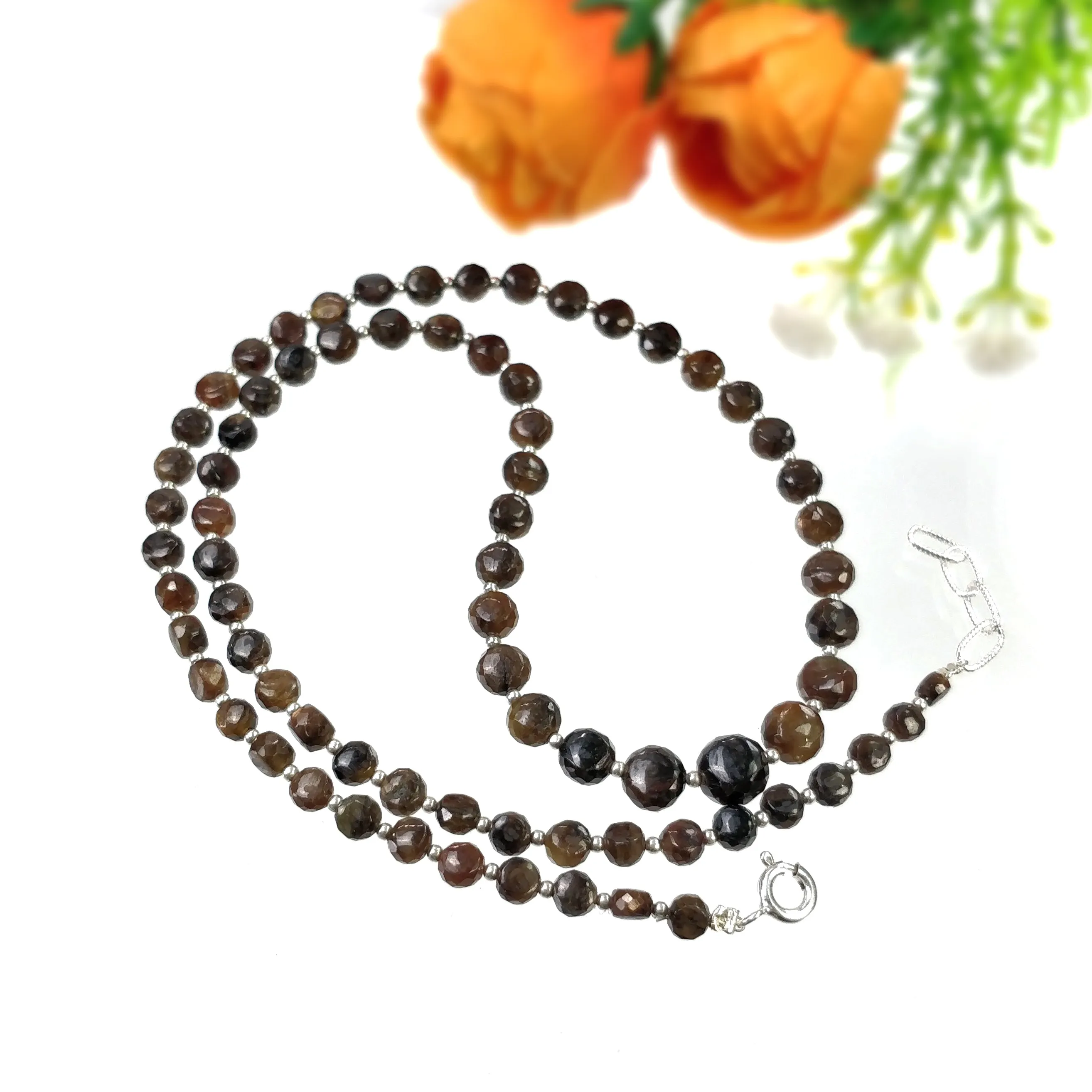 Golden Brown CHOCOLATE Sapphire Gemstone NECKLACE : 16.33gms Natural Round Side Faceted Sapphire With 925 Sterling Silver 4mm - 7mm 18"