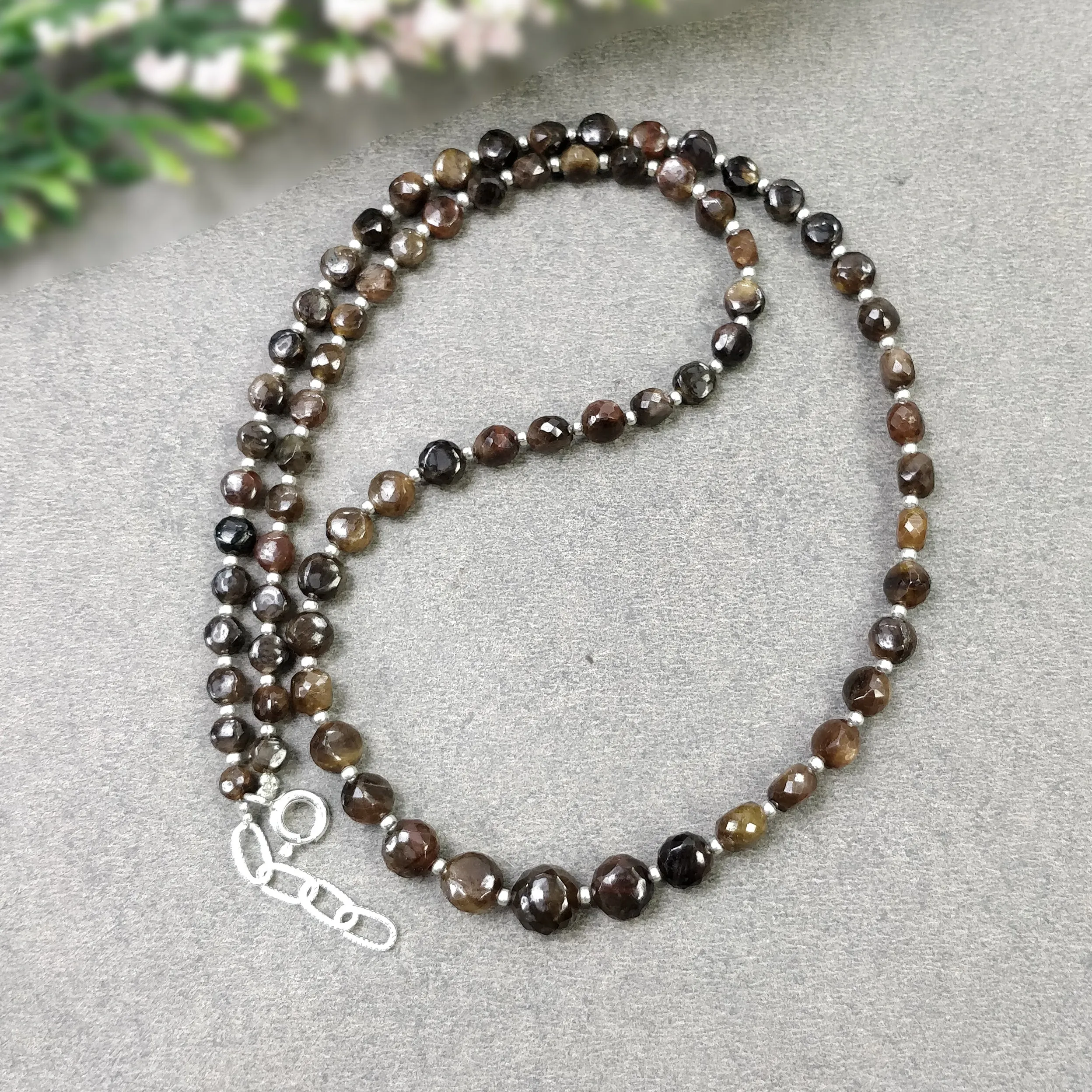 Golden Brown CHOCOLATE Sapphire Gemstone NECKLACE : 16.33gms Natural Round Side Faceted Sapphire With 925 Sterling Silver 4mm - 7mm 18"