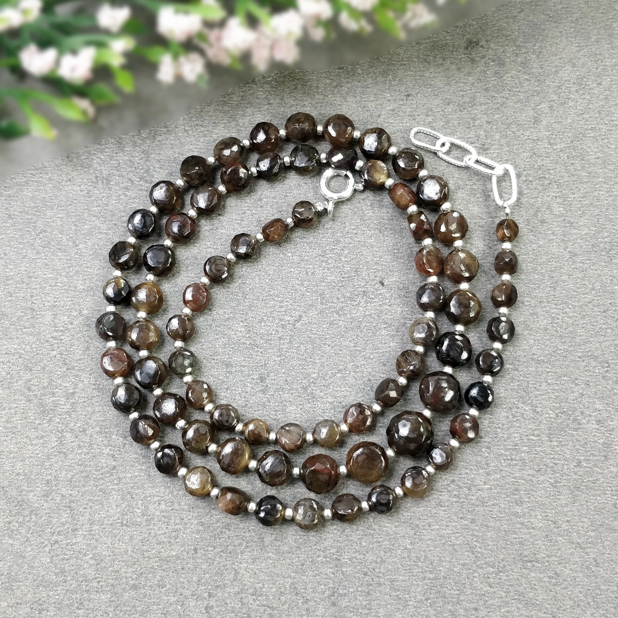 Golden Brown CHOCOLATE Sapphire Gemstone NECKLACE : 16.33gms Natural Round Side Faceted Sapphire With 925 Sterling Silver 4mm - 7mm 18"