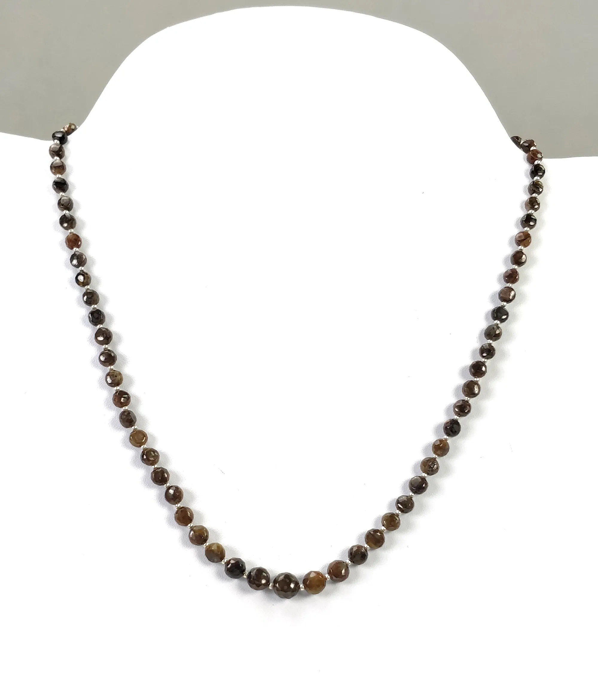 Golden Brown CHOCOLATE Sapphire Gemstone NECKLACE : 16.33gms Natural Round Side Faceted Sapphire With 925 Sterling Silver 4mm - 7mm 18"