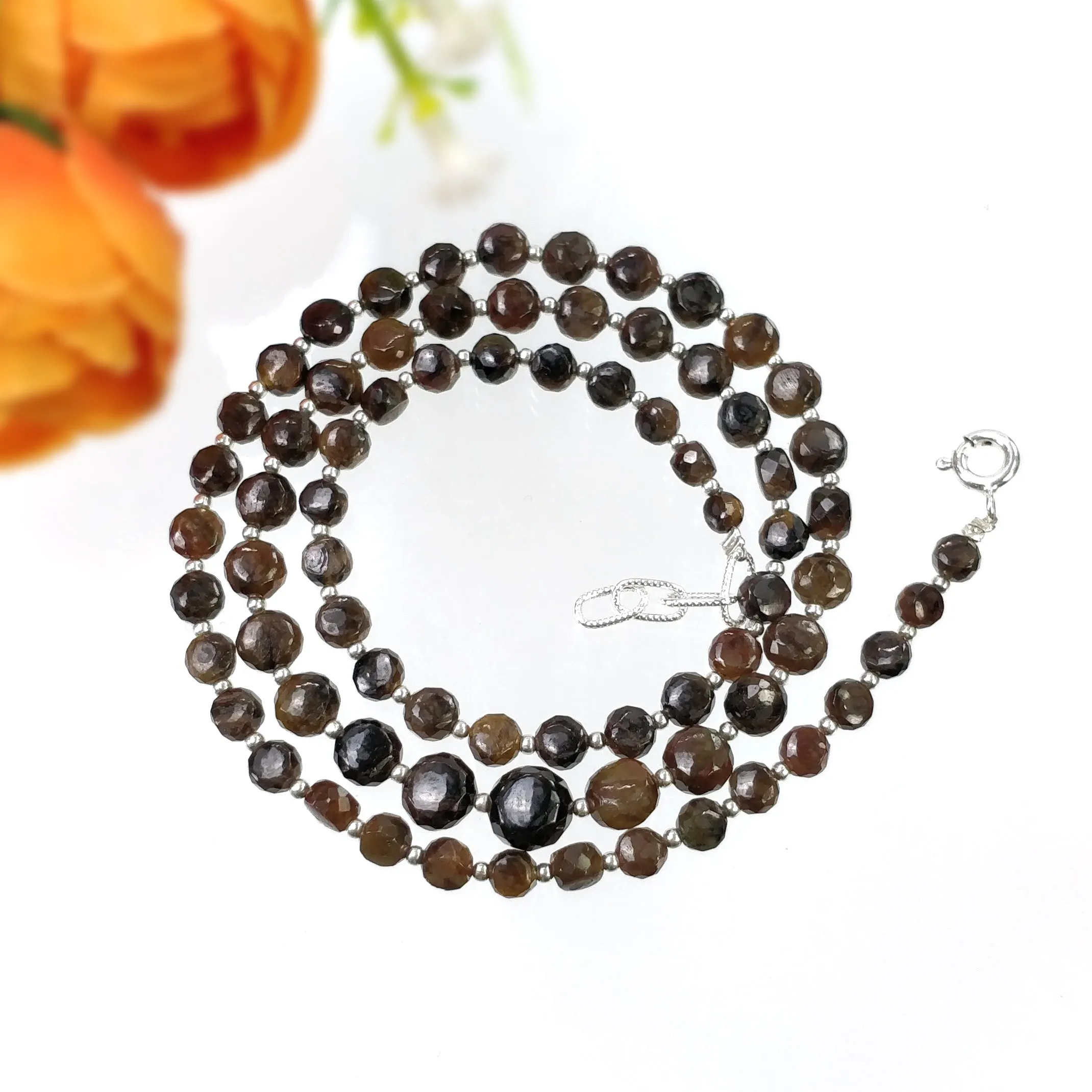 Golden Brown CHOCOLATE Sapphire Gemstone NECKLACE : 16.33gms Natural Round Side Faceted Sapphire With 925 Sterling Silver 4mm - 7mm 18"