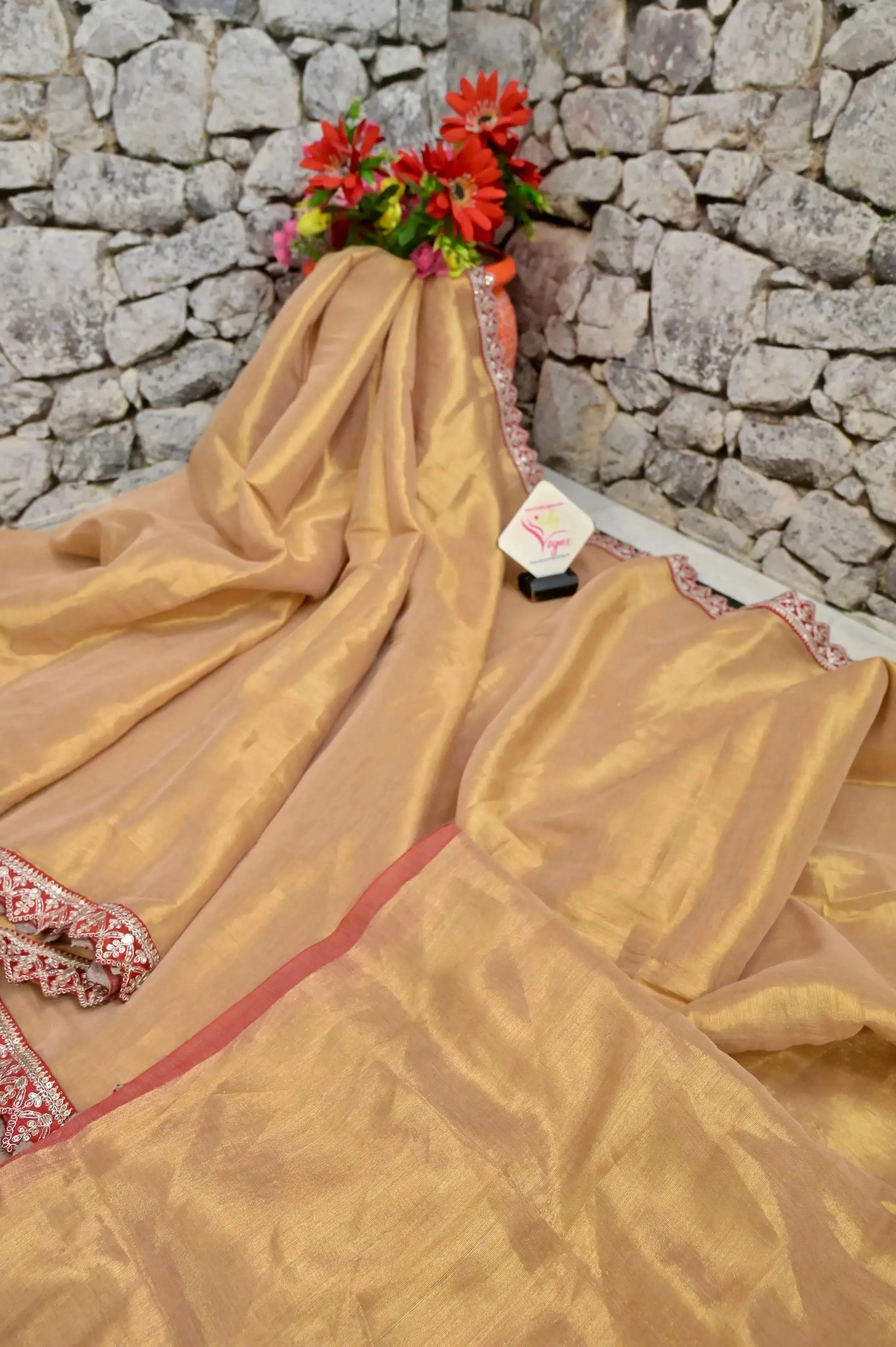 Golden Color Tissue Silk Saree With Zari Lace Border