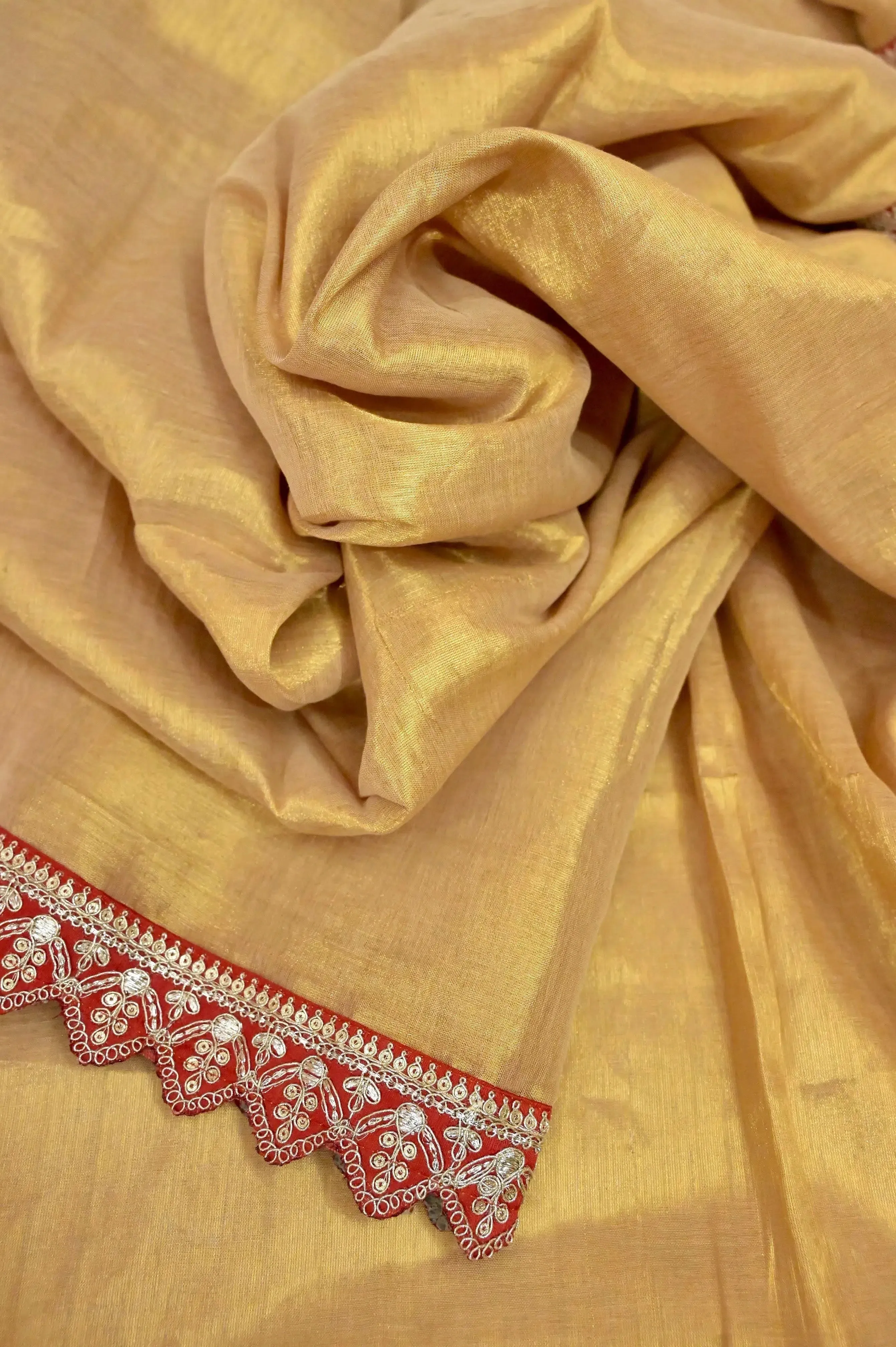 Golden Color Tissue Silk Saree With Zari Lace Border