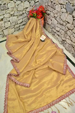 Golden Color Tissue Silk Saree With Zari Lace Border