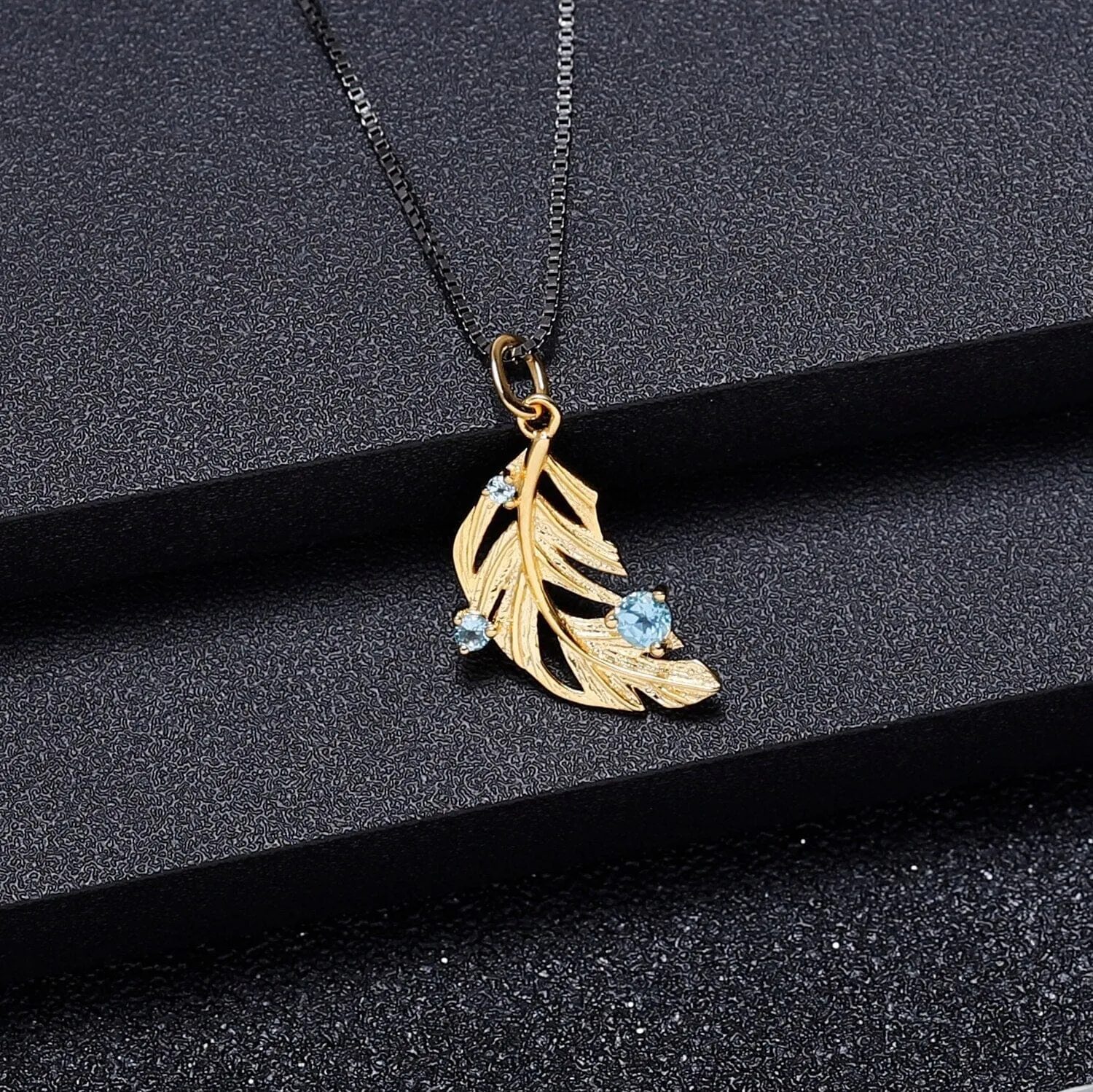 Golden Feathers Leaf Blue Topaz Gemstone Pendant - 925 Sterling Silver ( No Chain )