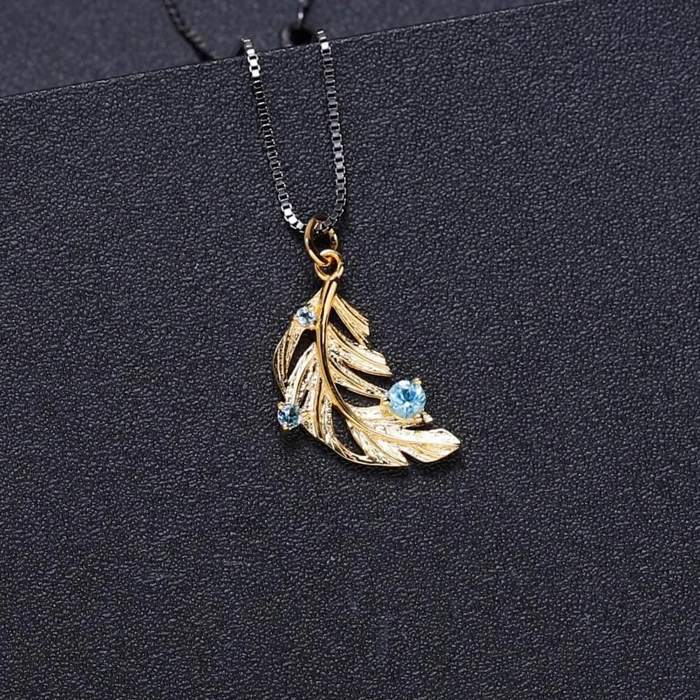 Golden Feathers Leaf Blue Topaz Gemstone Pendant - 925 Sterling Silver ( No Chain )