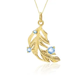 Golden Feathers Leaf Blue Topaz Gemstone Pendant - 925 Sterling Silver ( No Chain )