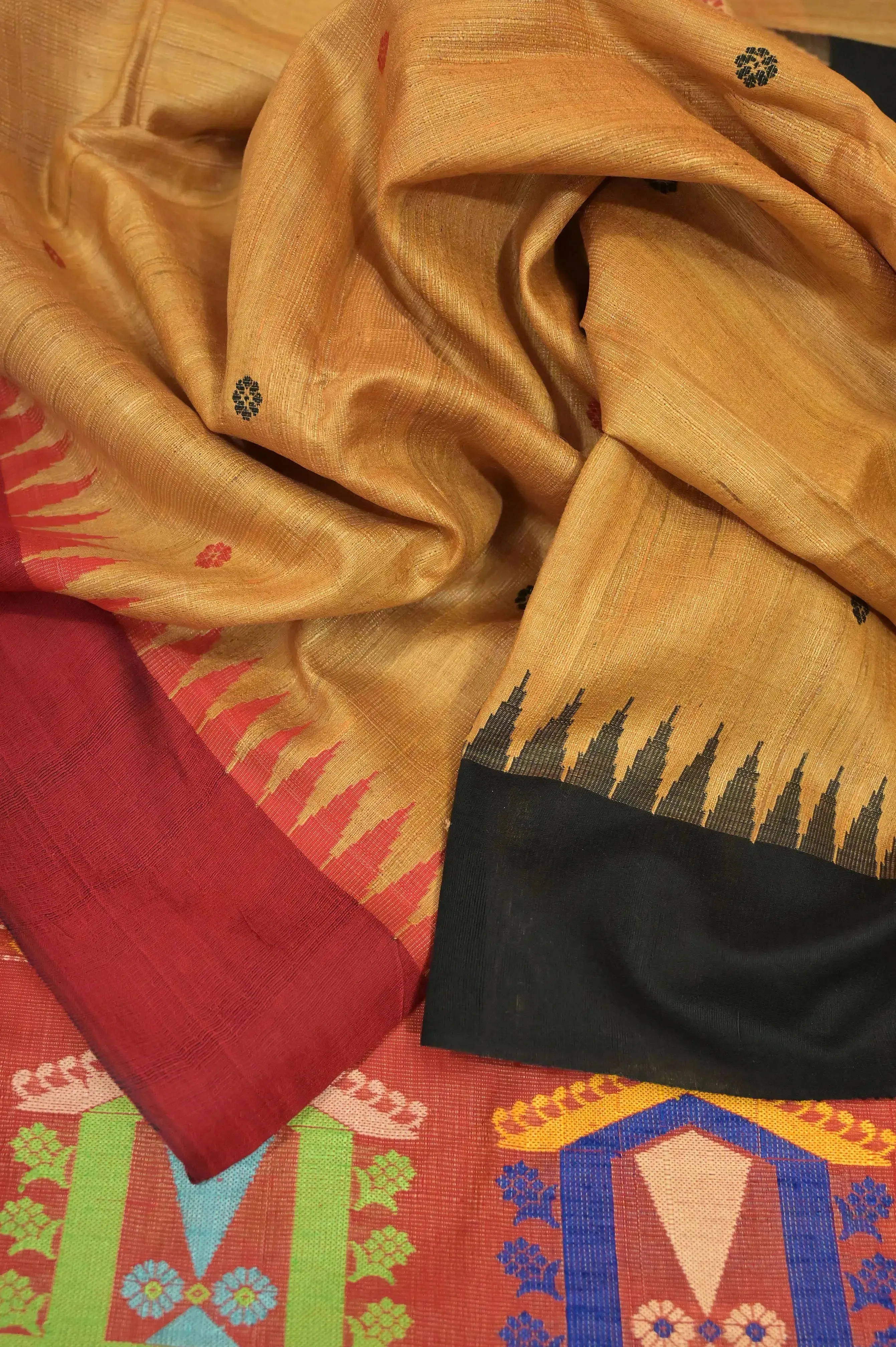 Golden Sand Color Ghicha Tussar Silk Saree with Dolabedi Pallu and Ganga Jamuna Border