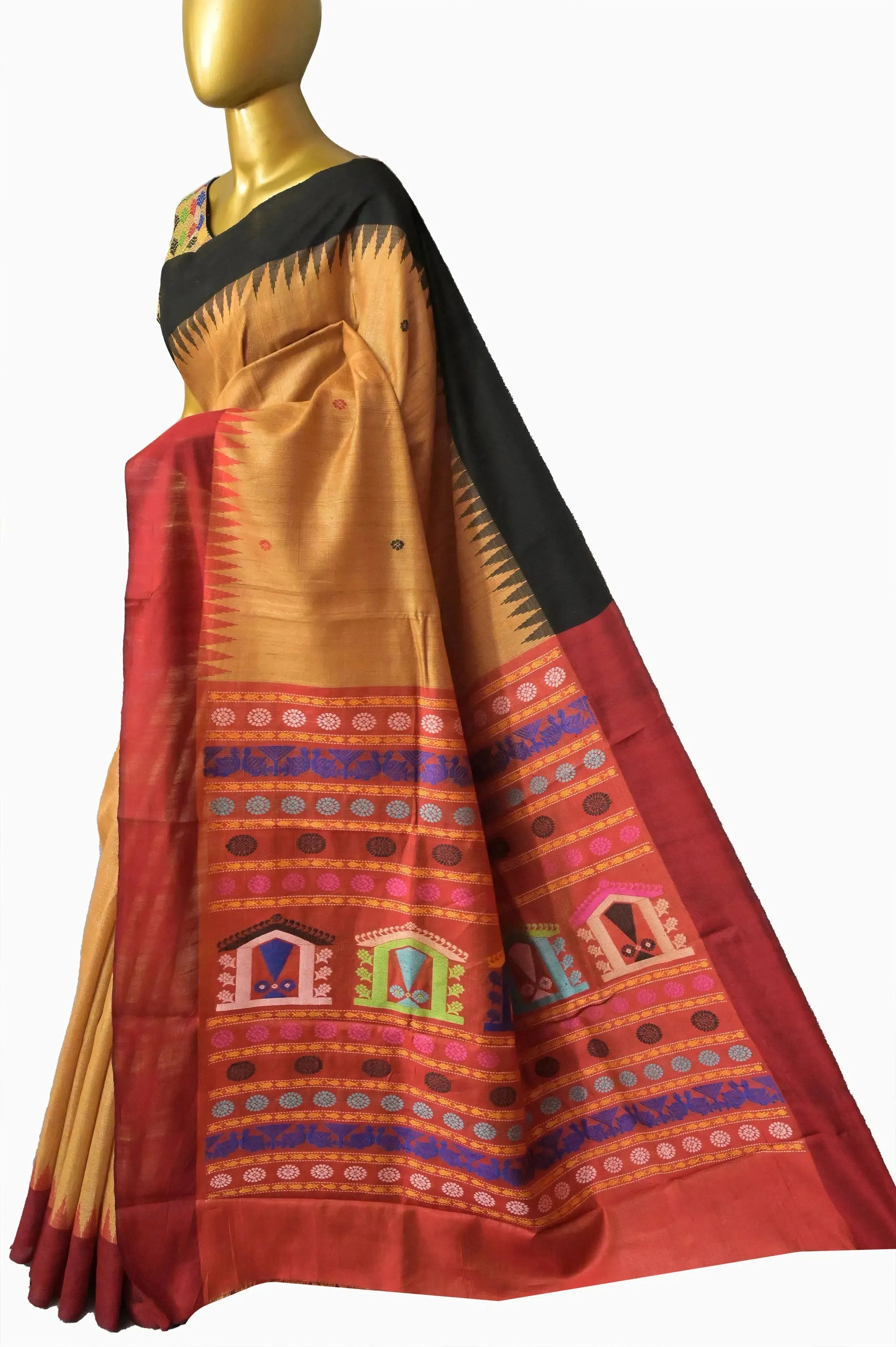 Golden Sand Color Ghicha Tussar Silk Saree with Dolabedi Pallu and Ganga Jamuna Border