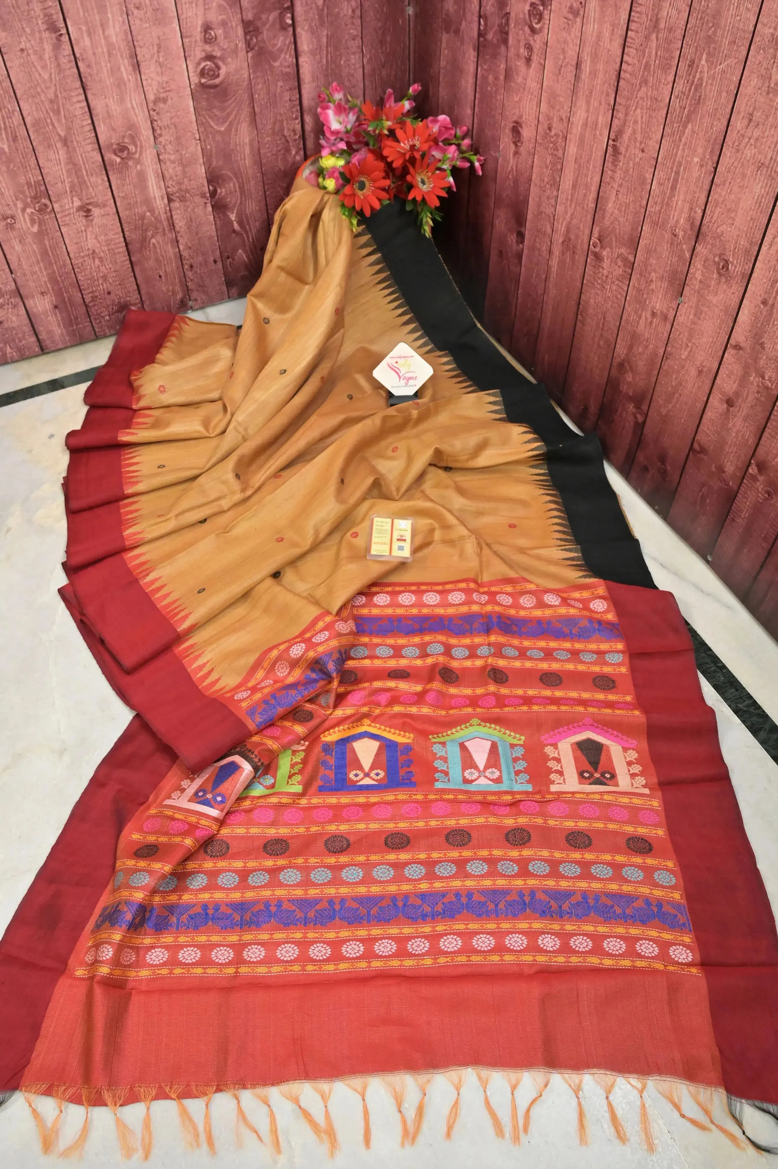 Golden Sand Color Ghicha Tussar Silk Saree with Dolabedi Pallu and Ganga Jamuna Border