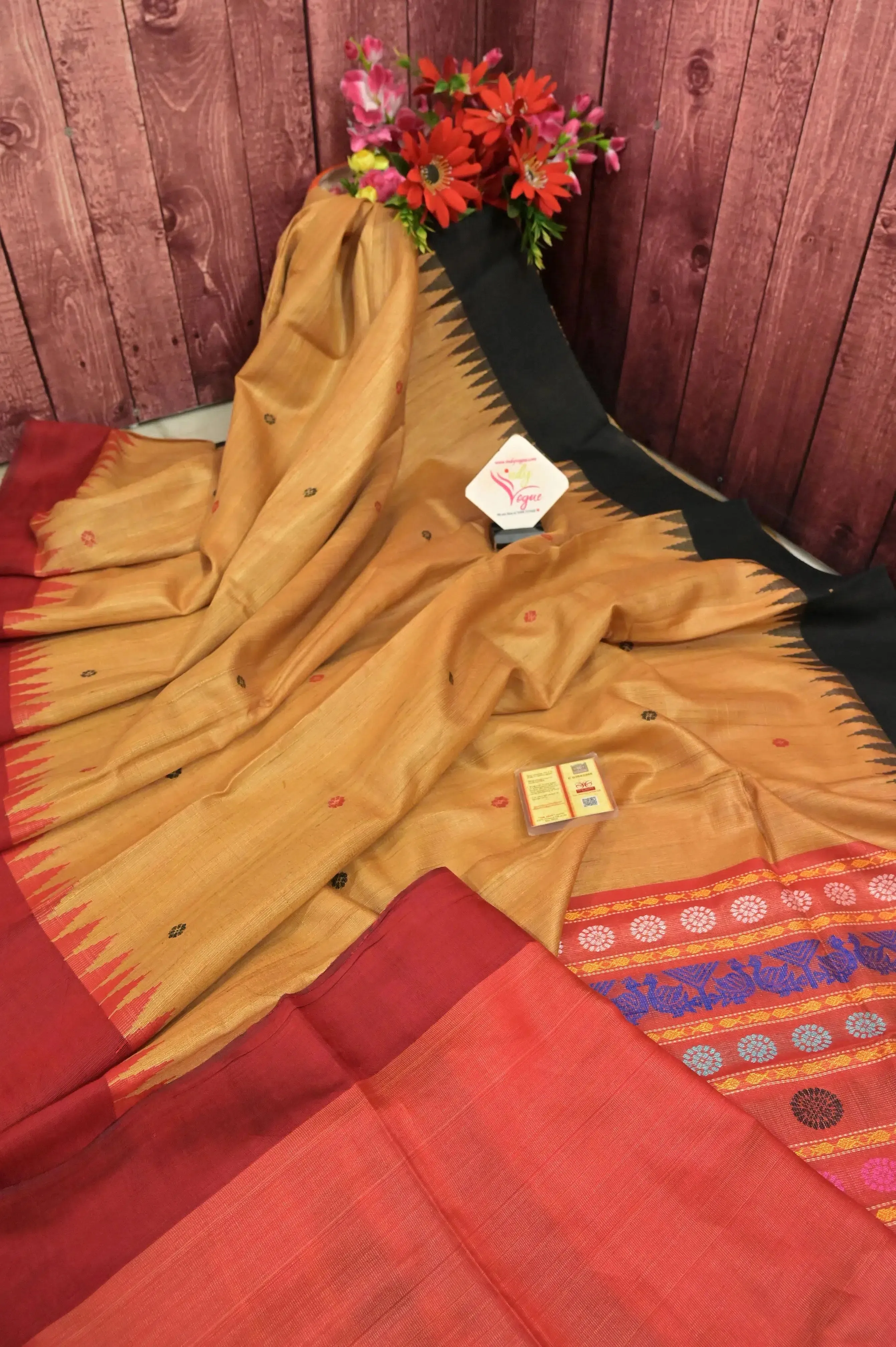 Golden Sand Color Ghicha Tussar Silk Saree with Dolabedi Pallu and Ganga Jamuna Border