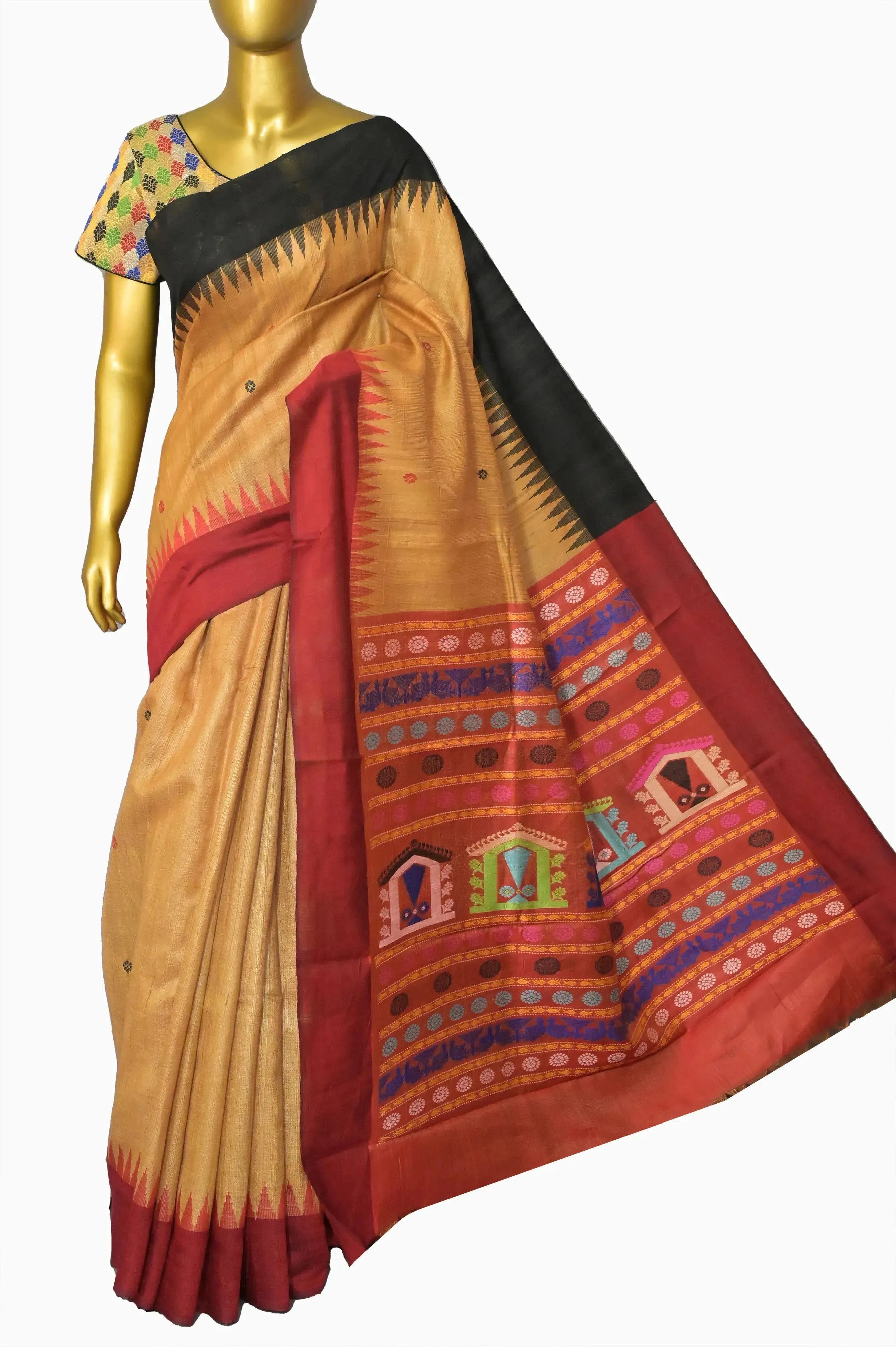 Golden Sand Color Ghicha Tussar Silk Saree with Dolabedi Pallu and Ganga Jamuna Border