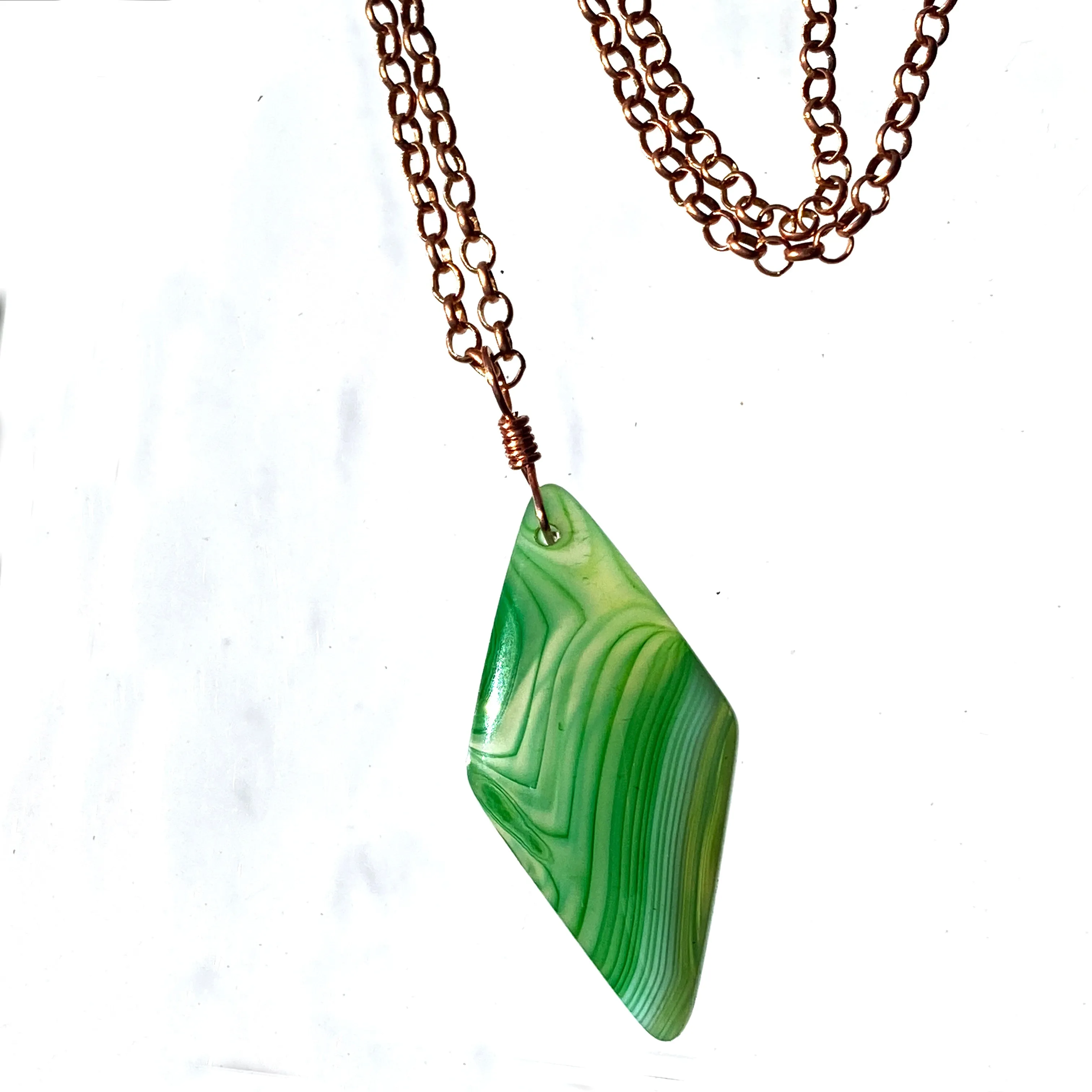 Green Agate gemstone pendant on genuine copper chain necklace