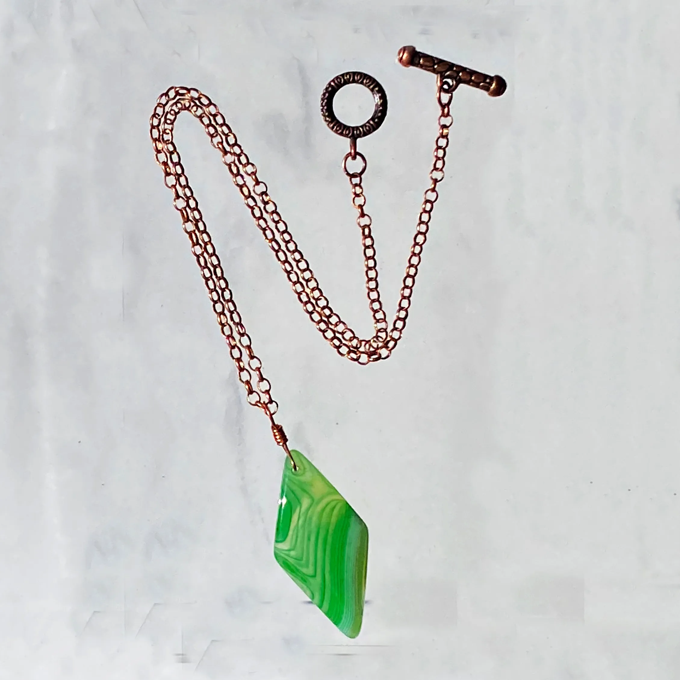 Green Agate gemstone pendant on genuine copper chain necklace