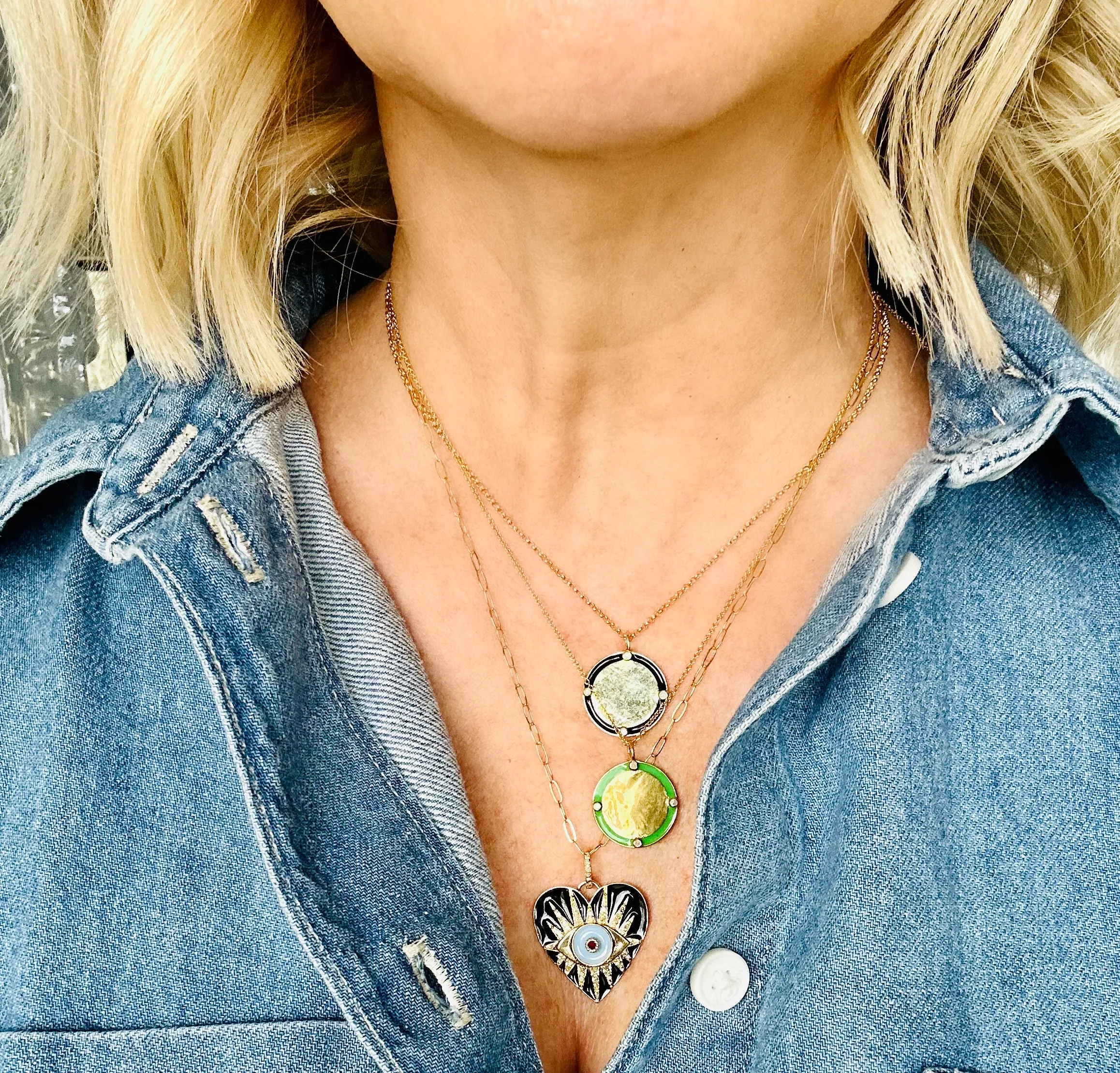 Green Enamel & Diamond Disc Necklace