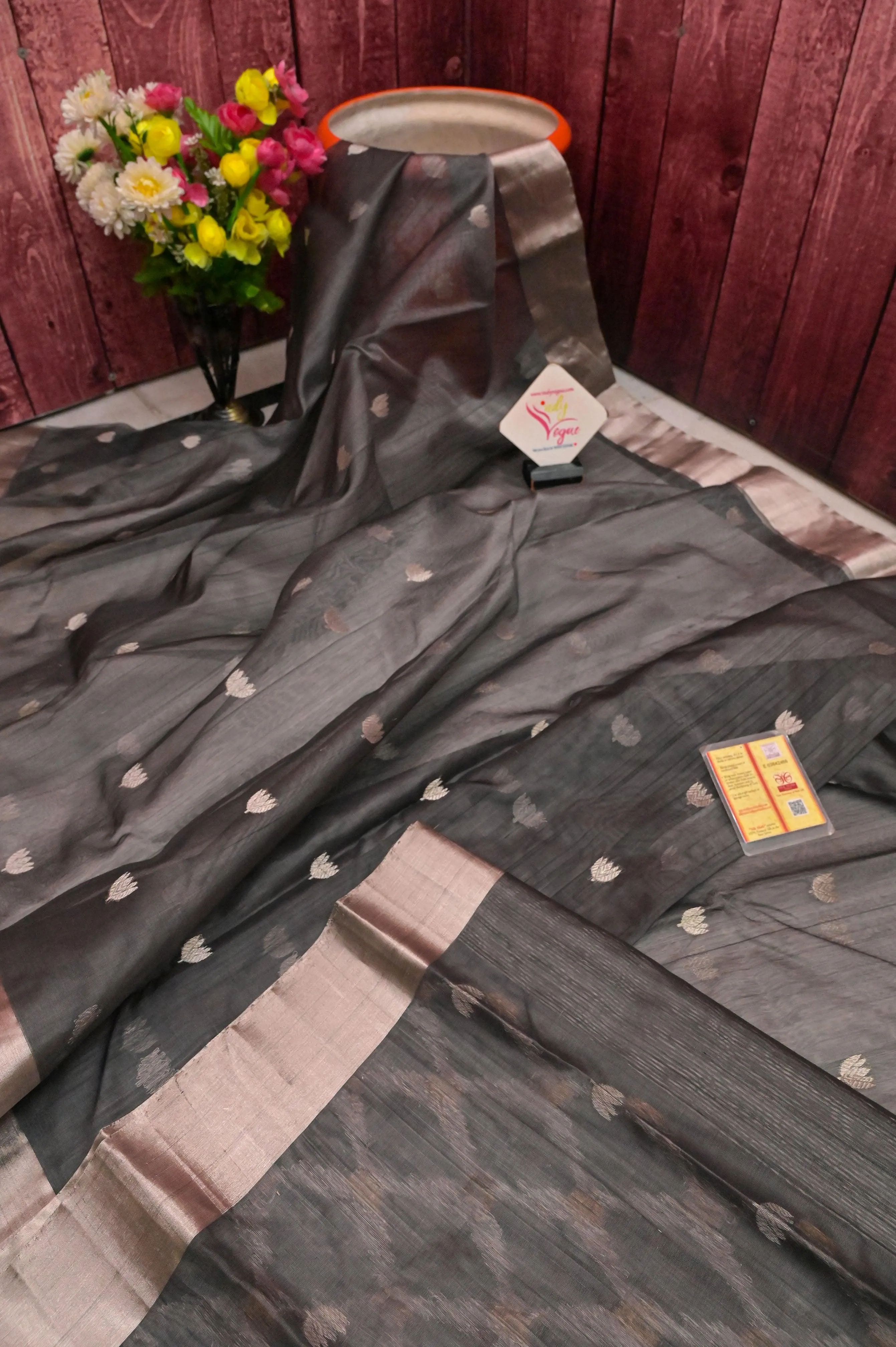 Grey Color Pure Chanderi Banarasi Saree with Silver Zari Work