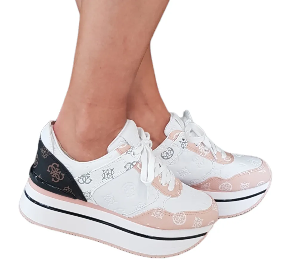 Guess Sneakers pelle white- pink-black fondo gomma alta 6 cm. rif. G643