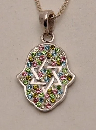 Hamsa Silver Pendant With Green Gemstones   925 Sterling Silver Chain #8