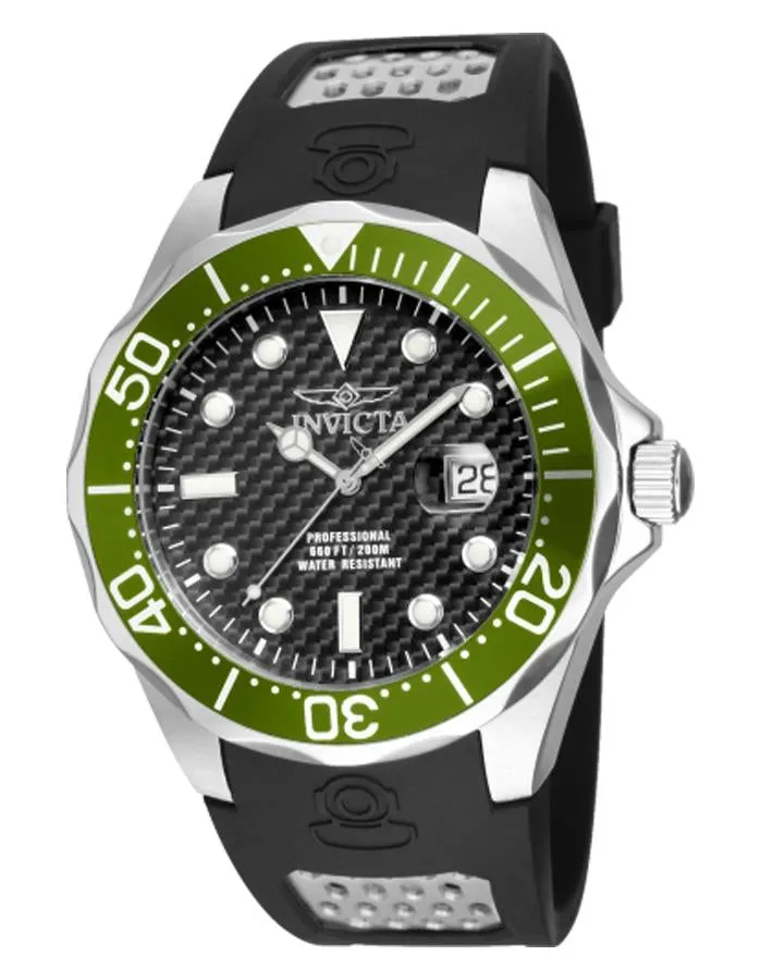 INVICTA Pro Diver Mens Watch - Stainless Steel - Black Dial - Date - PU Strap