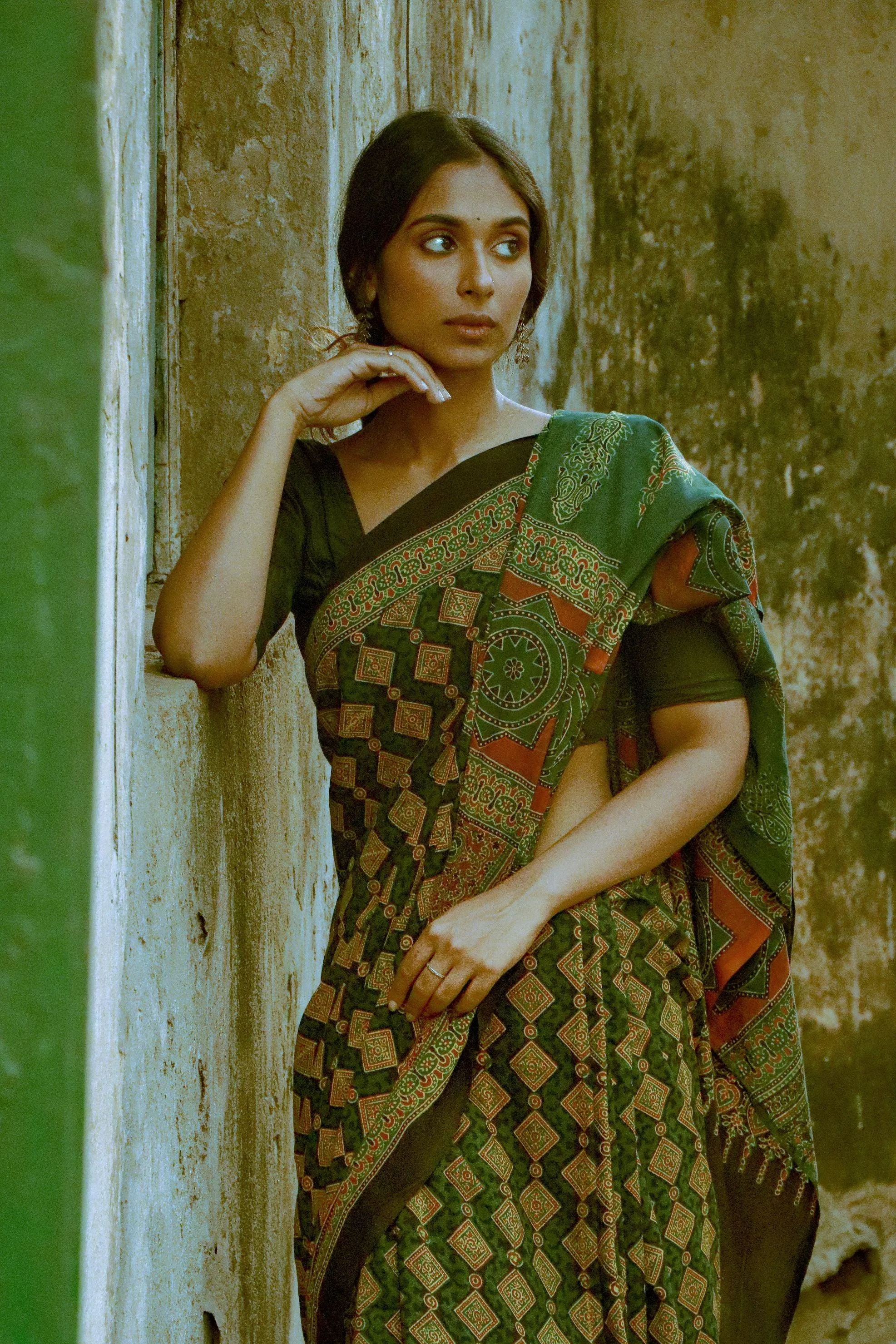 Jharokha -  Green Ajrakh handblockprinted saree