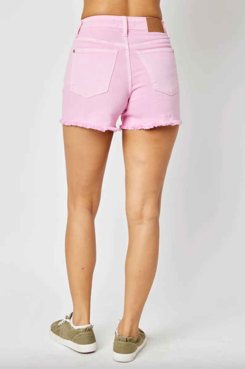 Judy Blue Garment Dyed Fray Hem Shorts - Light Pink