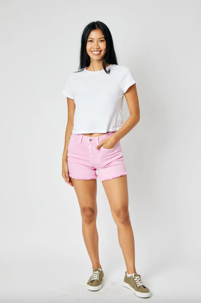 Judy Blue Garment Dyed Fray Hem Shorts - Light Pink