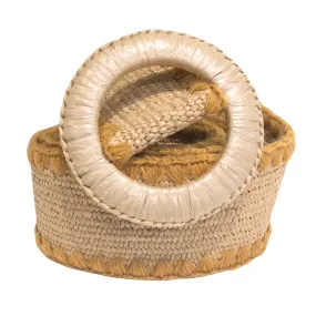 Khaki Color Straw Woven Round Buckle Elastic Belt